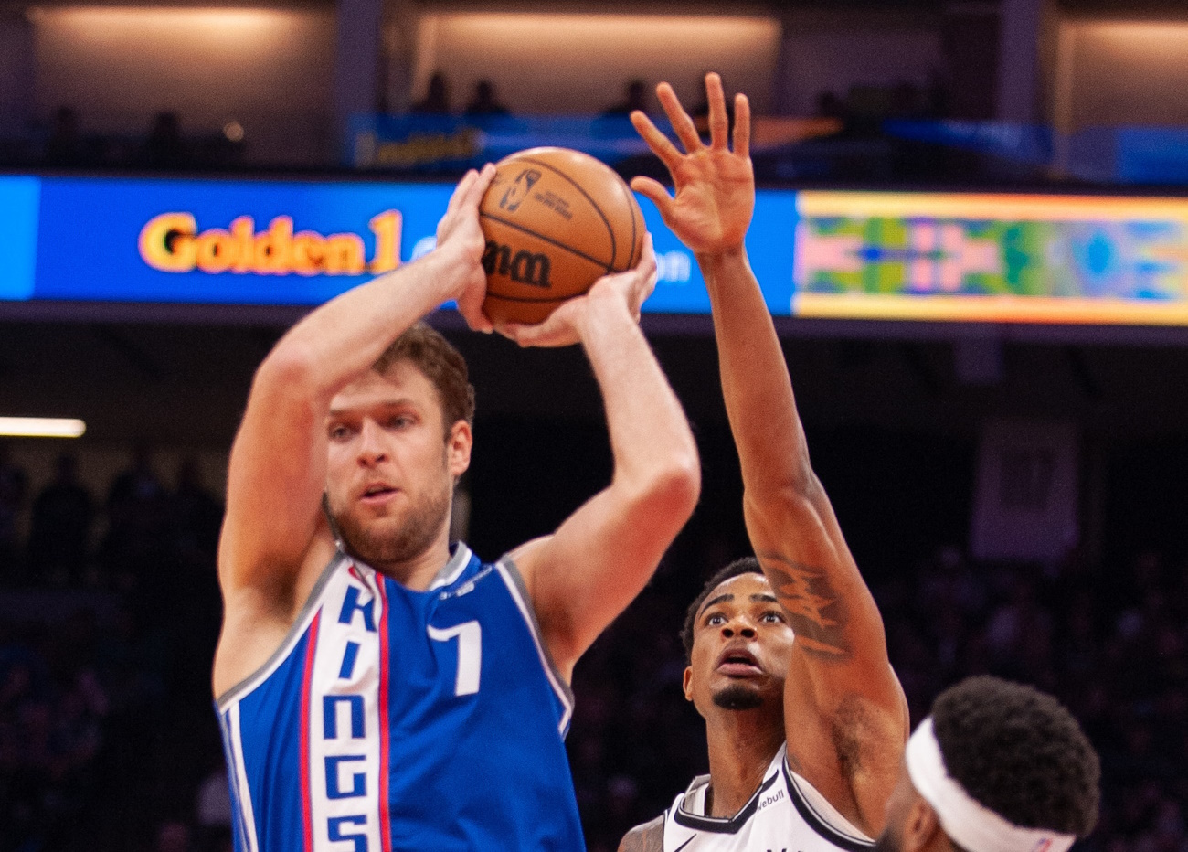 Dec 11, 2023; Sacramento, California, USA; Sacramento Kings forward Sasha Vezenkov (7) looks to pass the ball during the second quarter against the Brooklyn Nets at Golden 1 Center. Mandatory Credit: Ed Szczepanski-USA TODAY Sports