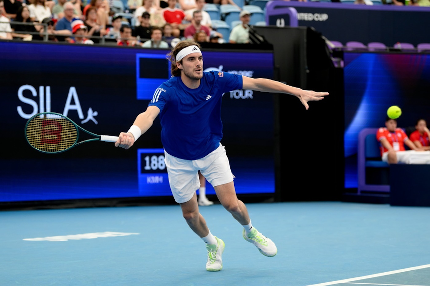 epa11052907 Stefanos Tsitsipas of Greece in action against Daniela Seguel and Nicolas Jarry of Chile during their Group B mixed doubles match of the 2024 United Cup at Ken Rosewall Arena in Sydney, Australia, 02 January 2024.  EPA