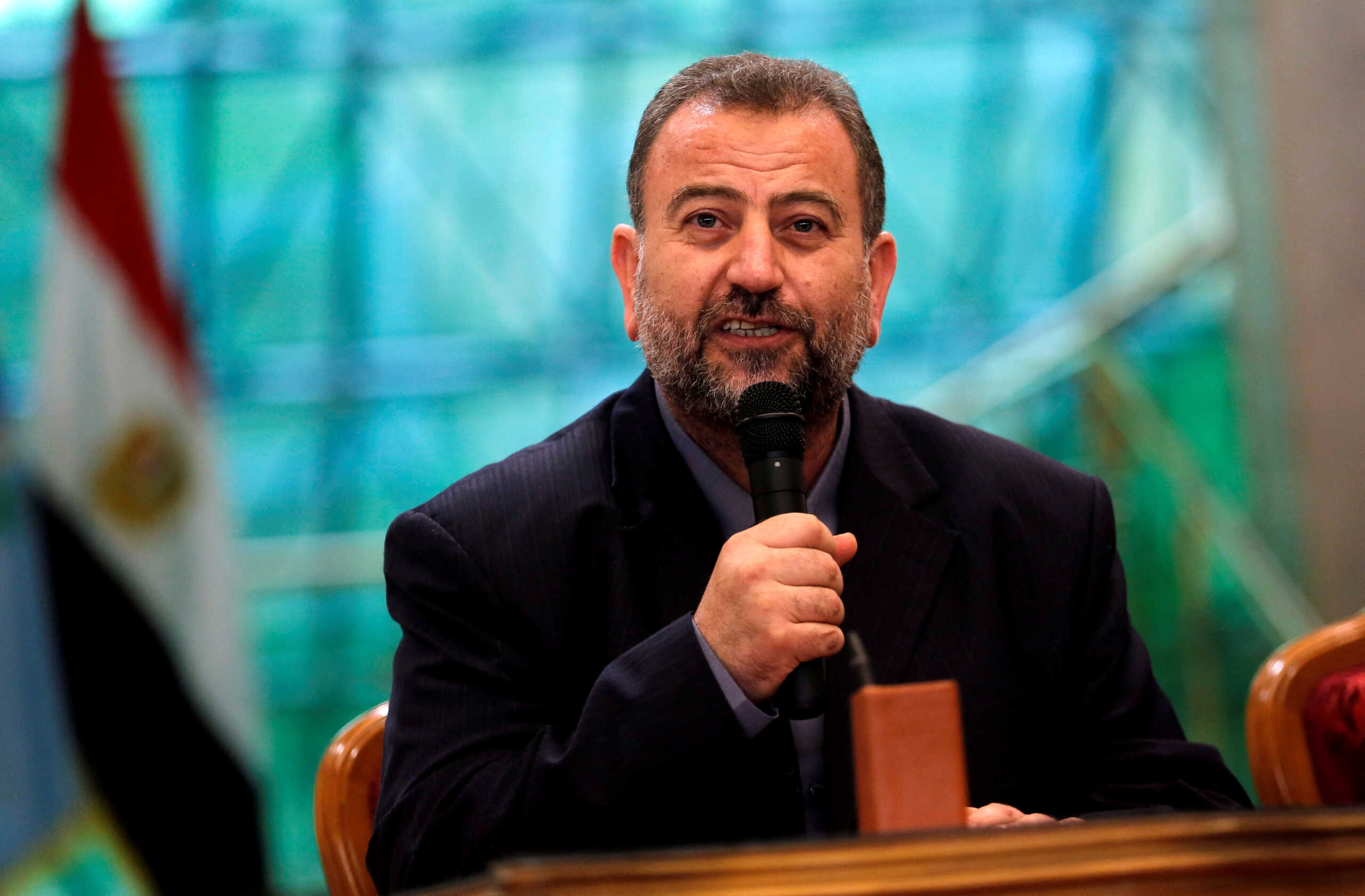 FILE PHOTO: Head of Hamas delegation Saleh al-Arouri speaks during a reconciliation deal signing ceremony in Cairo, Egypt, October 12, 2017. REUTERS