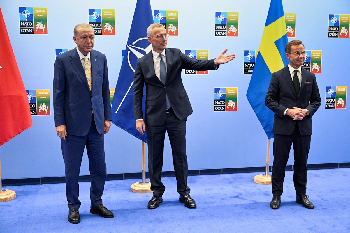 FILE PHOTO: Turkish President Tayyip Erdogan, Swedish Prime Minister Ulf Kristersson and NATO Secretary-General Jens Stoltenberg gather prior to their meeting, on the eve of a NATO summit, in Vilnius, Lithuania July 10, 2023. Henrik Montgomery