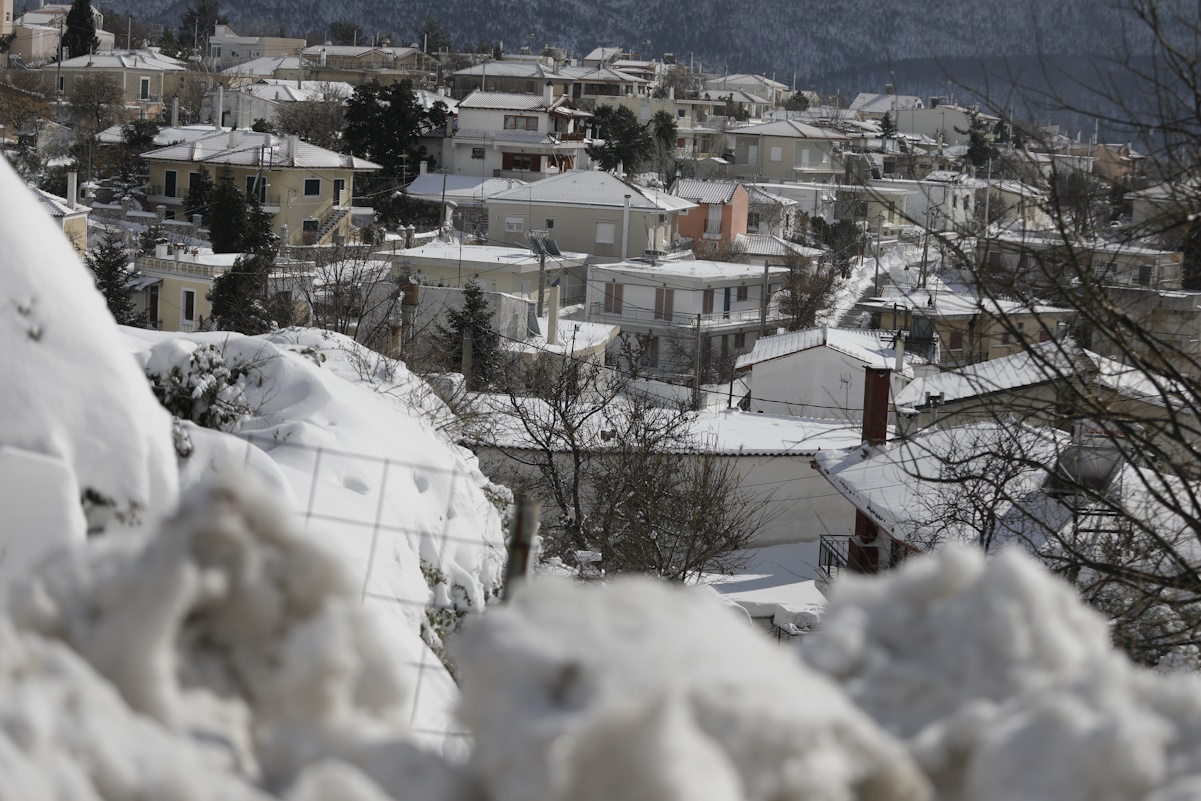 Χιονόπτωση στα Βίλια Αττικής, Δευτέρα 6 Φεβρουαρίου 2023. Σε πλήρη εξέλιξη βρίσκεται η κακοκαιρία Μπάρμπαρα, που έχει επηρεάσει τη χώρα από το βράδυ του Σαββάτου (4
(ΓΙΩΡΓΟΣ ΚΟΝΤΑΡΙΝΗΣ