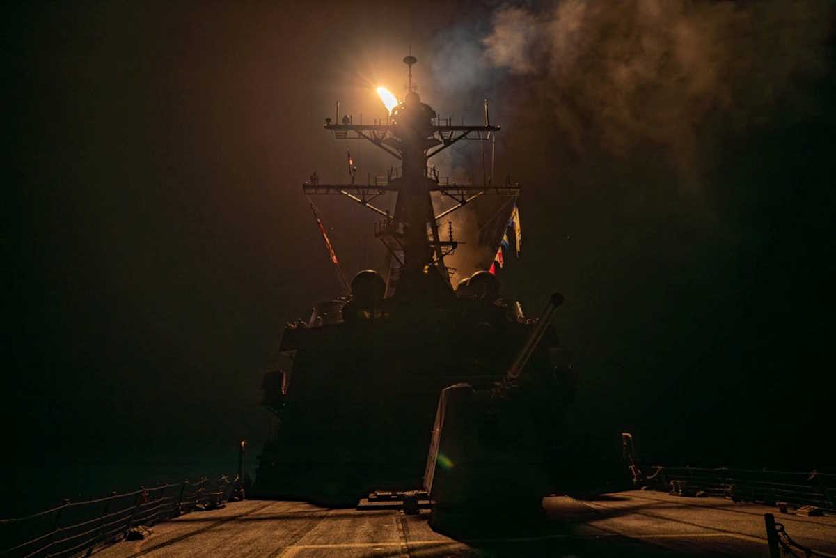 A missile is launched from a warship during the U.S.-led coalition operation against military targets in Yemen, aimed at the Iran-backed Houthi militia that has been targeting international shipping in the Red Sea, from an undisclosed location, in this handout picture released on January 12, 2024. US Central Command via X