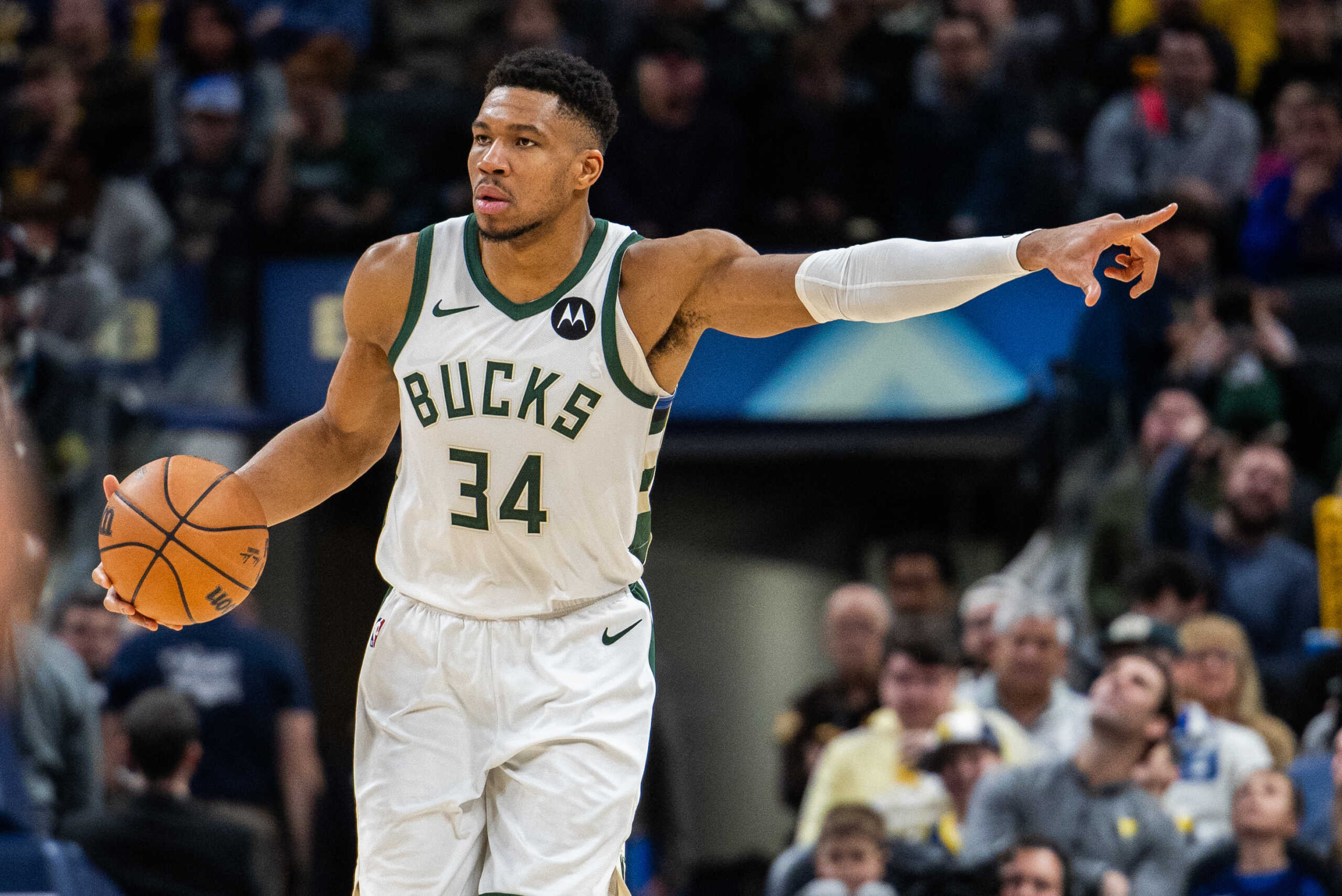 Jan 3, 2024; Indianapolis, Indiana, USA; Milwaukee Bucks forward Giannis Antetokounmpo (34) dribbles the ball in the second quarter against the Indiana Pacers at Gainbridge Fieldhouse. Mandatory Credit: Trevor Ruszkowski-USA TODAY Sports