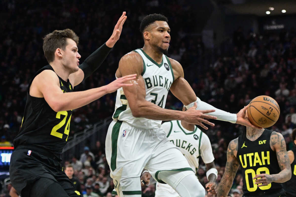 Jan 8, 2024; Milwaukee, Wisconsin, USA;  Milwaukee Bucks forward Giannis Antetokounmpo (34) looks for a shot against Utah Jazz center Walker Kessler (24) in the third quarter at Fiserv Forum. Mandatory Credit: Benny Sieu-USA TODAY Sports