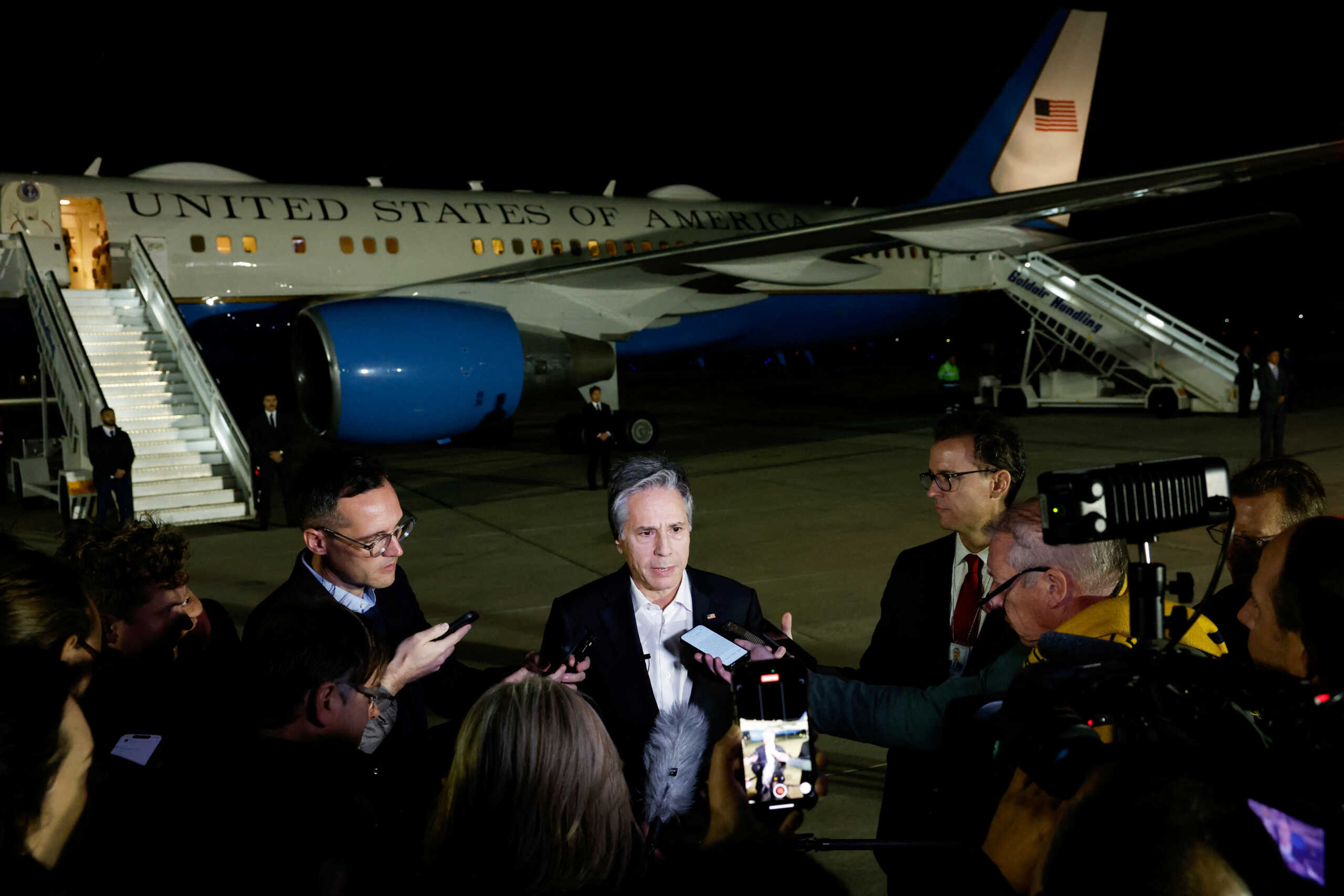 U.S. Secretary of State Antony Blinken speaks to the press before take off as he departs Crete for Amman, the next stop on his week-long trip aimed at calming tensions across the Middle East, in Crete, Greece, January 6, 2024. REUTERS