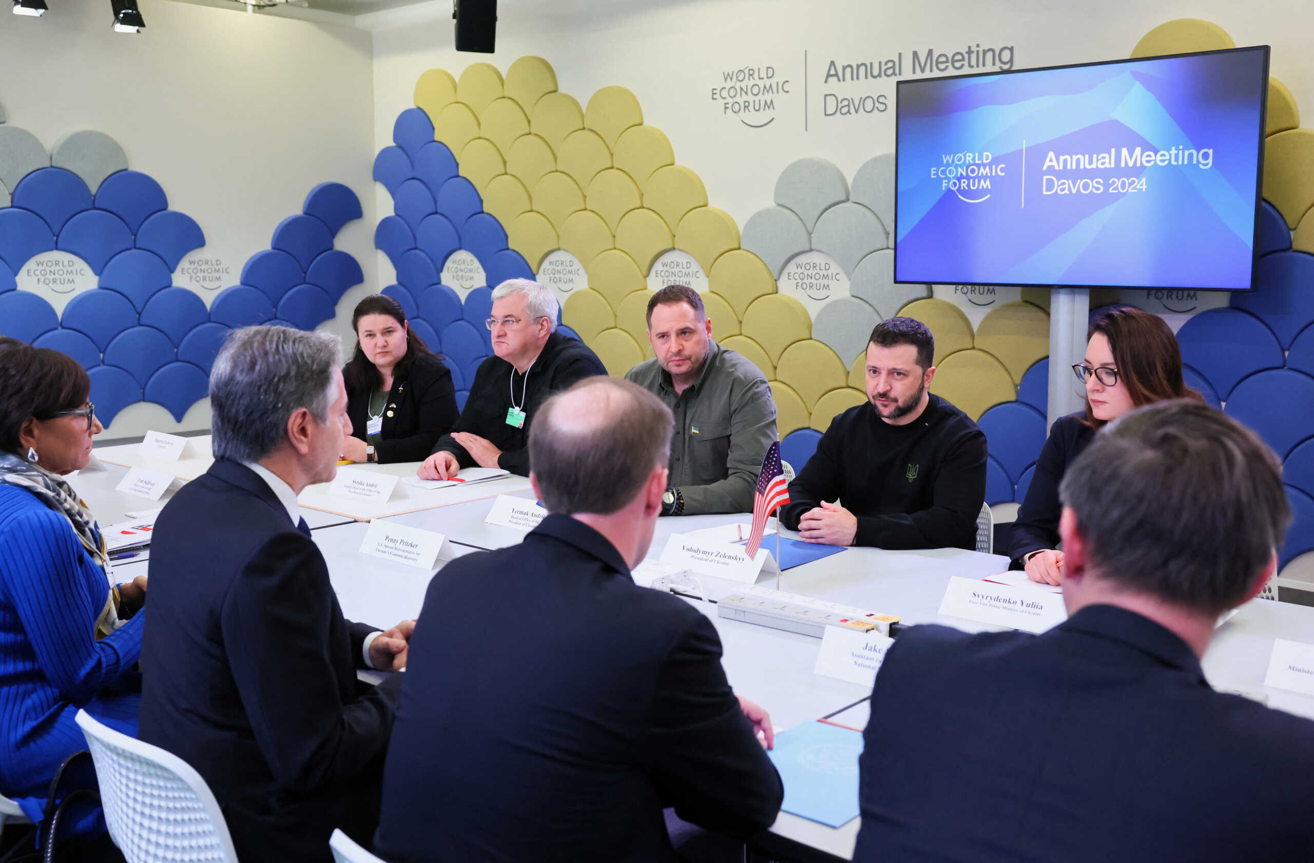 U.S. Secretary of State Antony Blinken, Ukraine's President Volodymyr Zelenskiy and Head of the Ukrainian President's Office Andriy Yermak meet during the 54th annual meeting of the World Economic Forum in Davos, Switzerland, January 16, 2024. REUTERS