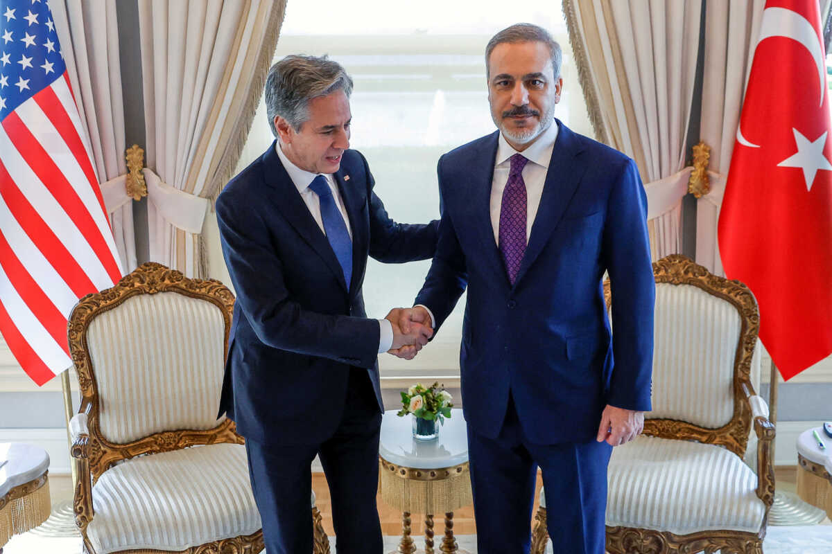 U.S. Secretary of State Antony Blinken shakes hands with Turkish Foreign Minister Hakan Fidan, at Vahdettin, a private residence of the Presidency, in Istanbul, Turkey, January 6, 2024. REUTERS