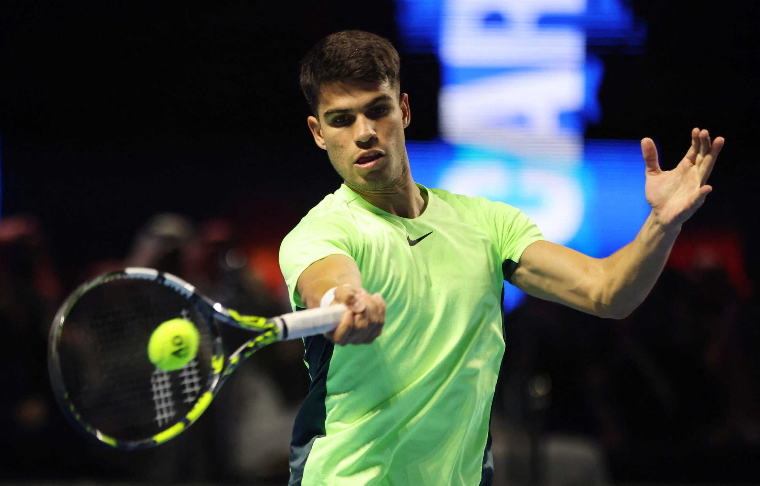 Tennis - Exhibition Match - Novak Djokovic v Carlos Alcaraz - Riyadh, Saudi Arabia - December 27, 2023 Spain's Carlos Alcaraz in action during his match against Serbia's Novak Djokovic REUTERS
