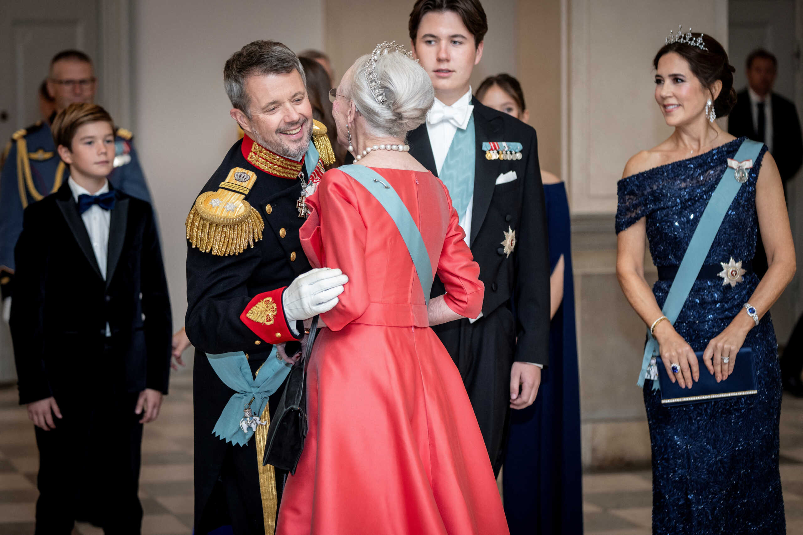 Danish Prince Vincent, Crown Prince Frederik, Prince Christian, Princess Josephine and Crown Princess Mary are received by Queen Margrethe in connection with Prince Christian's 18th birthday, which is celebrated with a gala dinner at Christiansborg Castle in Copenhagen, Denmark, October 15, 2023.  Ritzau Scanpix