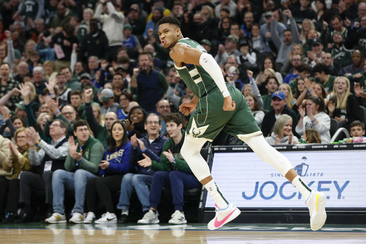 Jan 1, 2024; Milwaukee, Wisconsin, USA; Milwaukee Bucks forward Giannis Antetokounmpo (34) reacts after scoring against the Indiana Pacers during the first half at Fiserv Forum. Mandatory Credit: Kamil Krzaczynski-USA TODAY Sports