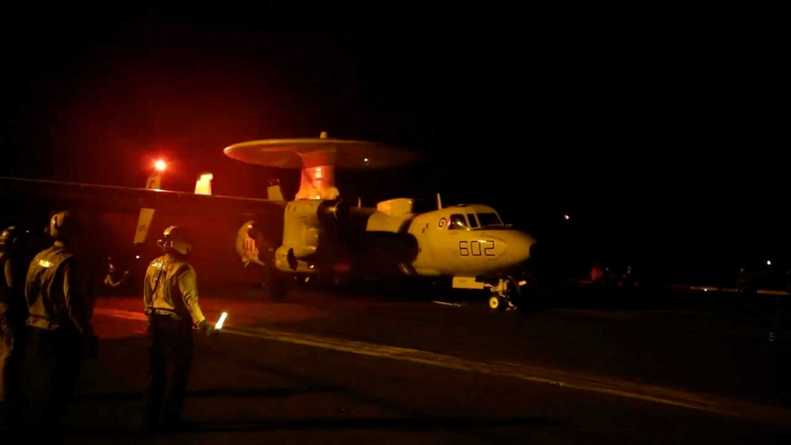 An aircraft takes off to join the U.S.-led coalition operation against military targets in Yemen, aimed at the Iran-backed Houthi militia that has been targeting international shipping in the Red Sea, from an undisclosed location, in this screengrab from a handout video released on January 12, 2024. US Central Command via X