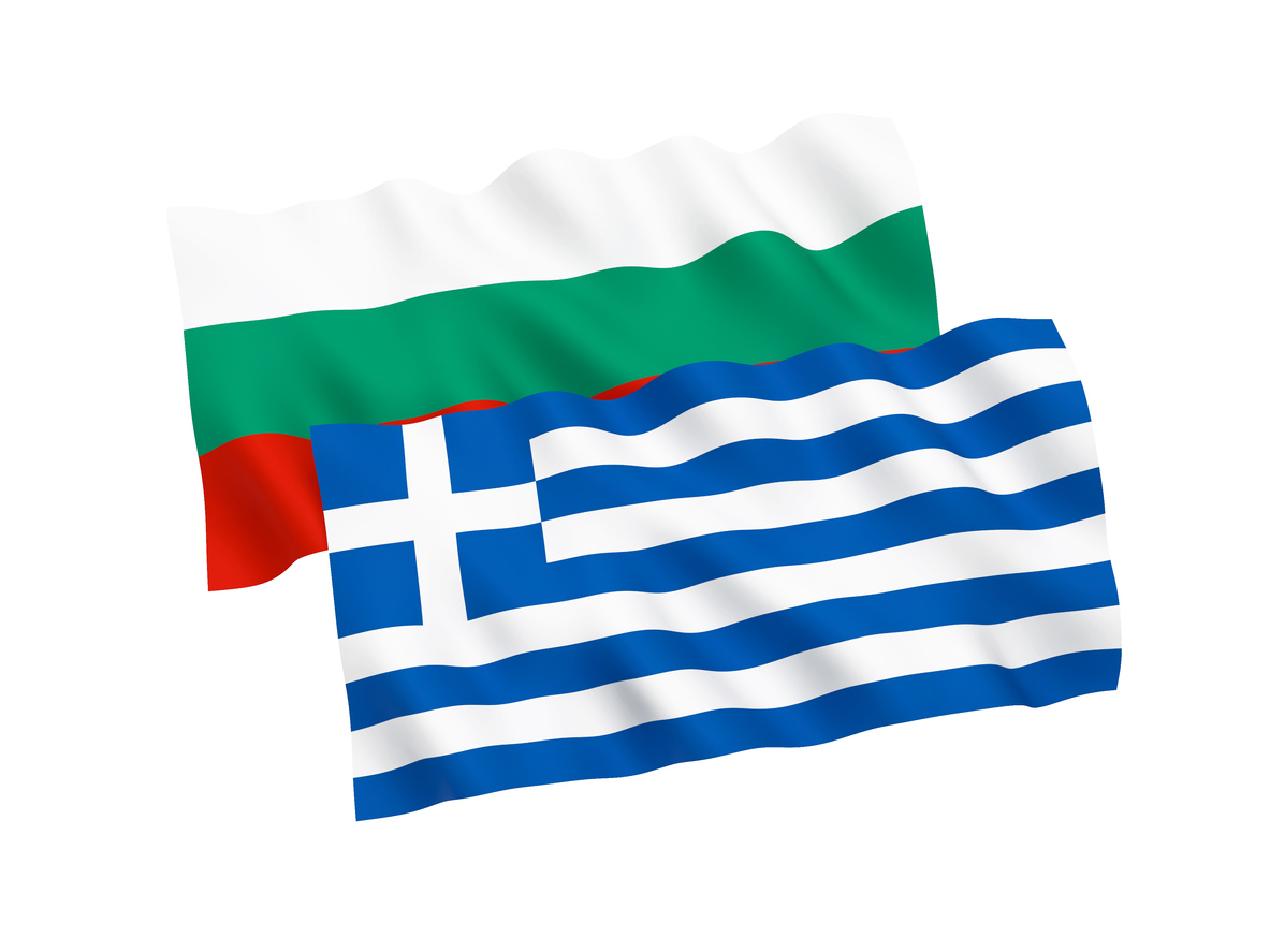 National fabric flags of Bulgaria and Greece isolated on white background. 3d rendering illustration. 1 to 2 proportion.