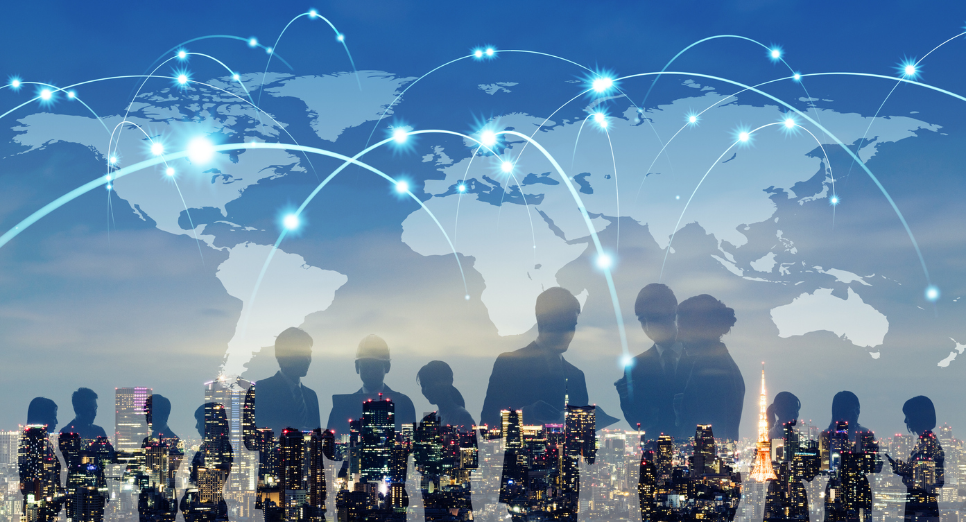 Global network concept. Map of Japan and group of people.