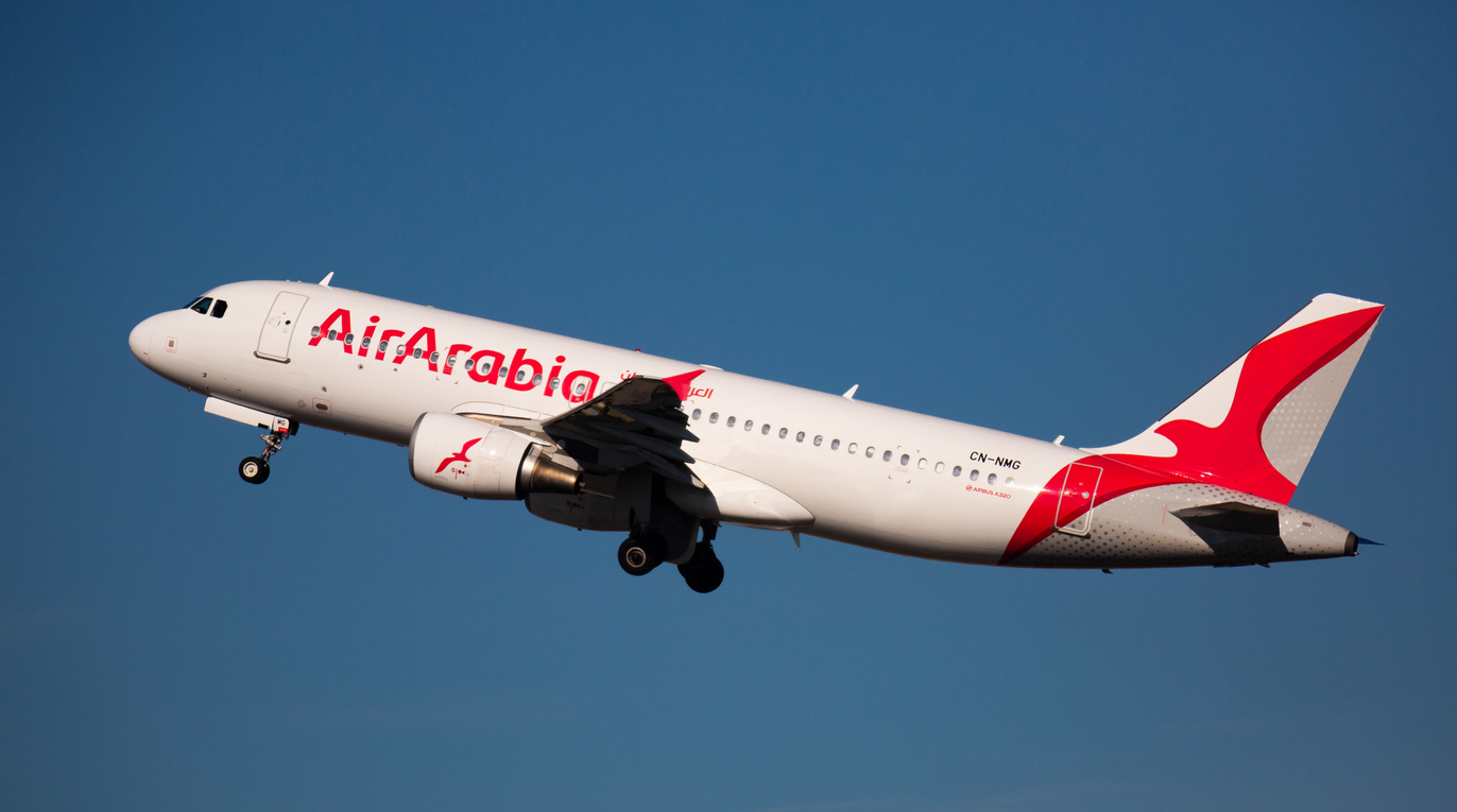 BARCELONA, SPAIN - FEBRUARY 2, 2020: Passenger CN-NMG Air Arabia Airbus A320 taking off from Barcelona-El Prat Airport