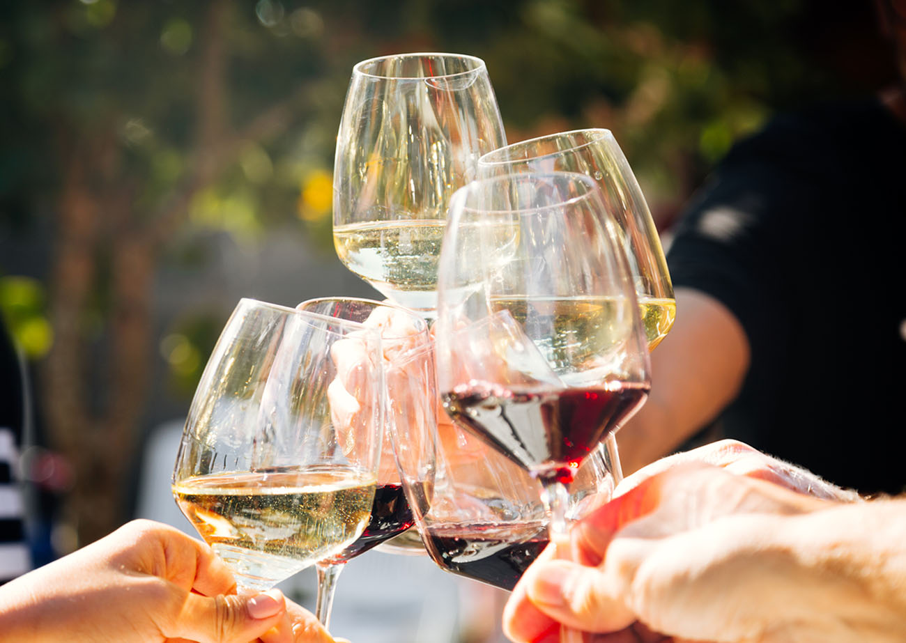 Close up of six people toasting with white and red wine outdoors in a sunny day