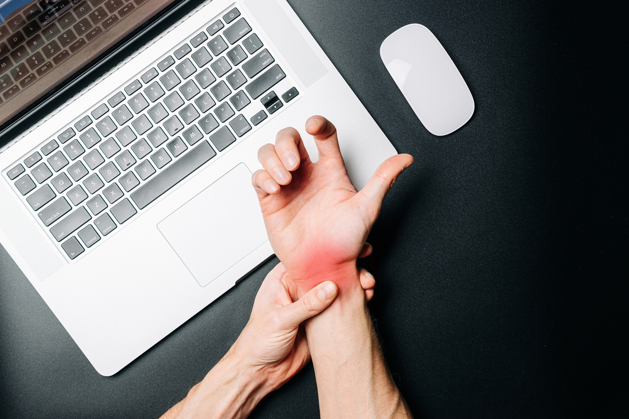 Carpal tunnel syndrome. Hand pain in man injury wrist. Arthritis office syndrome is consequence of computer. Health care and medical concept