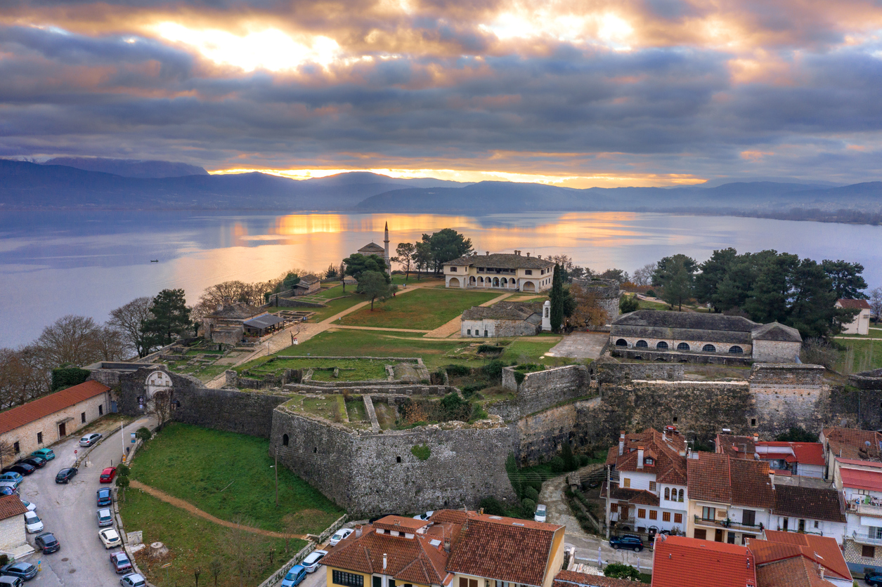 Aerial view of Ioannina city in Greece, Aslan Pasha Tzami, the lake with the island of Kyra Frosini or nissaki.