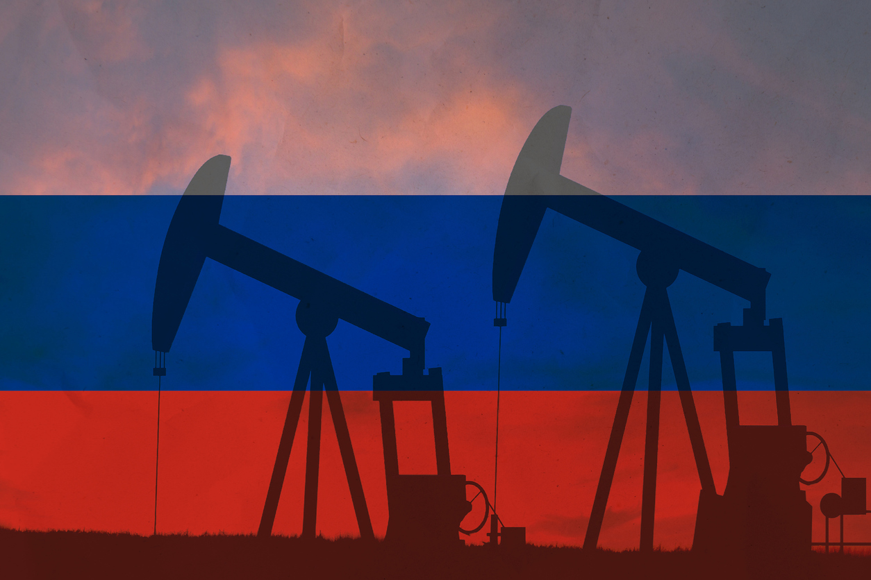 Russia oil industry concept, industrial illustration. Russia flag and oil wells, stock market, exchange economy and trade, oil production