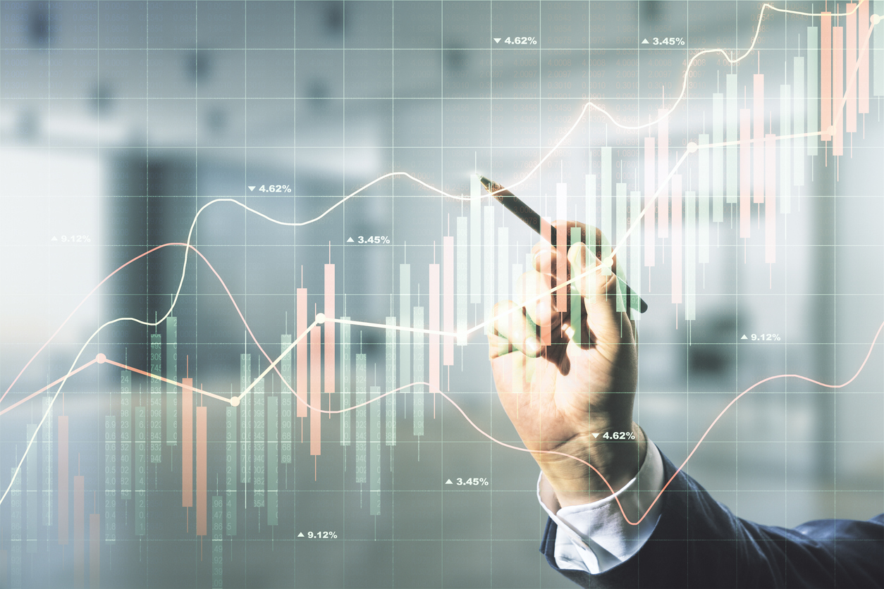 Multi exposure of analyst hand with pen working with virtual abstract financial diagram on blurred office background, banking and accounting concept