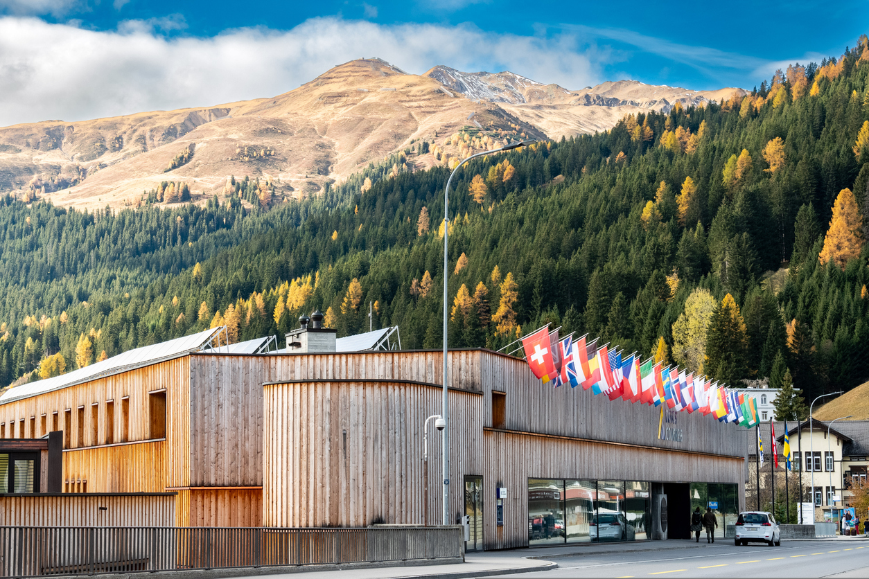The congress center in Davos with beautiful alpine panorama in the background