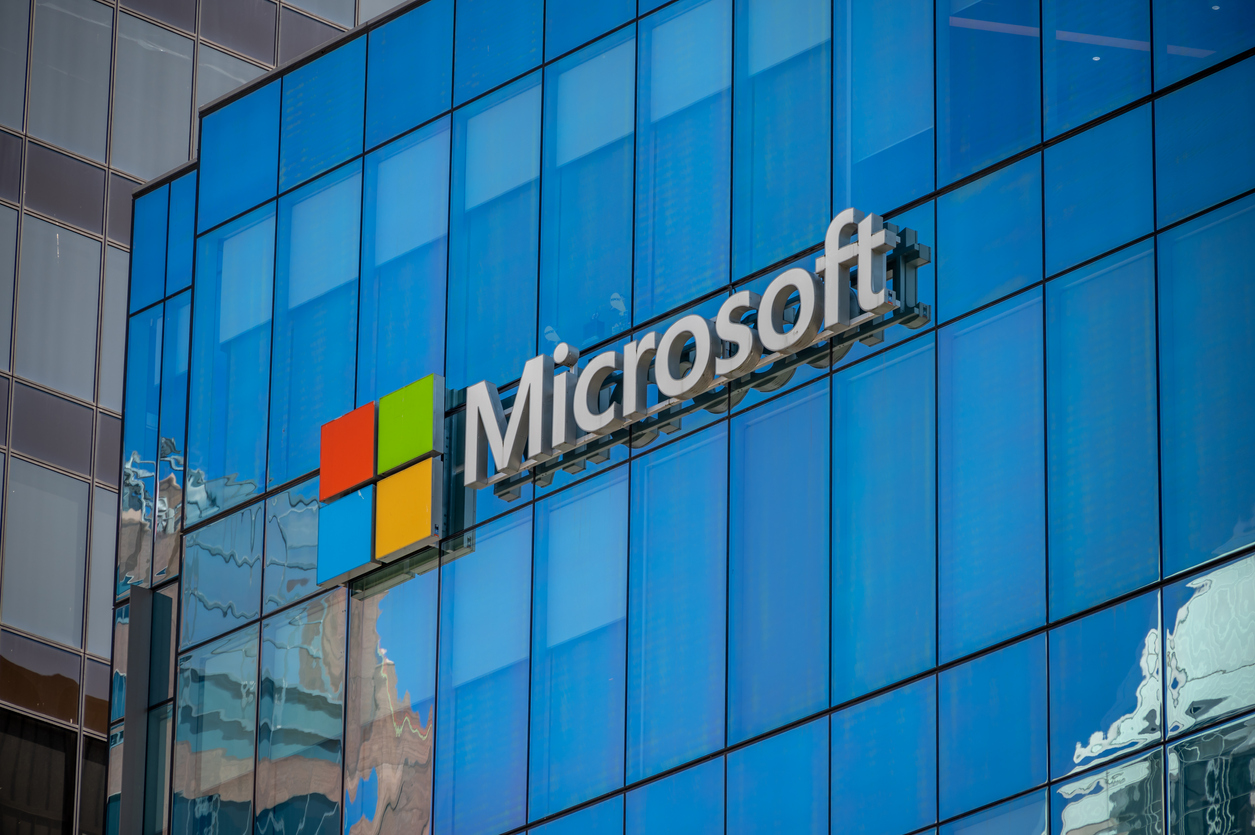 Vancouver, British Columbia - July 23, 2022: Microsoft logo on an office tower exterior in downtown Vancouver.