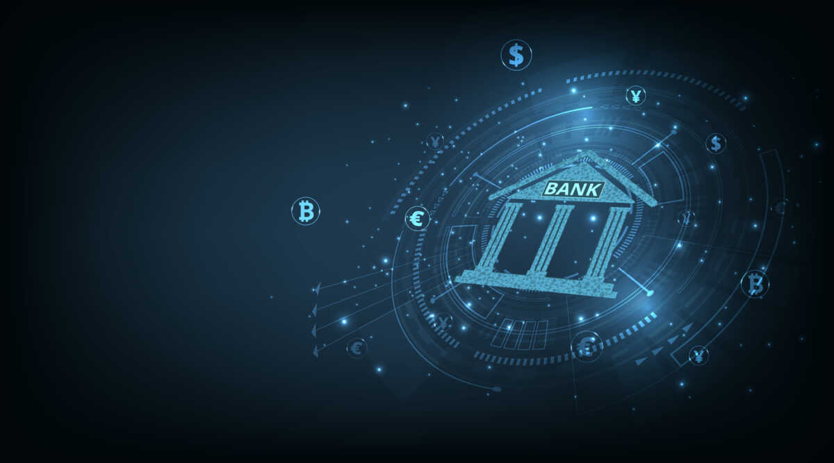Concept of Banking and Finance.Banking Technology concept.Isometric illustration of bank on dark blue technology background. Digital connect system.Financial and Banking technology concept.