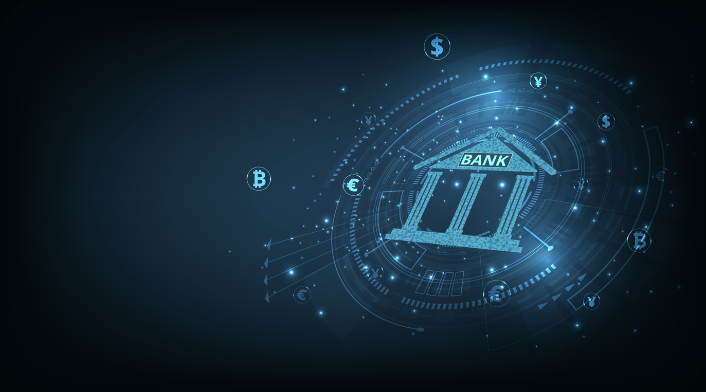 Concept of Banking and Finance.Banking Technology concept.Isometric illustration of bank on dark blue technology background. Digital connect system.Financial and Banking technology concept.