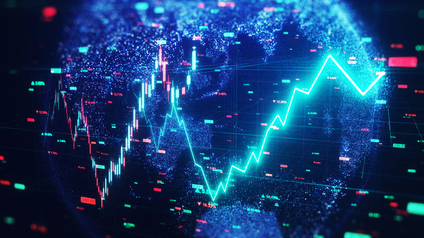 Stock market concept. Stock market tickers with a world map and stock indexes, graphs, charts. Digital animation of Stock market prices changing.