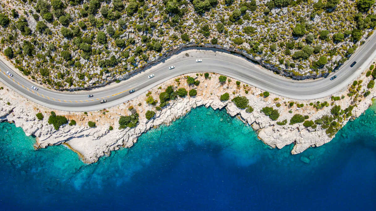 Aerial view of the road with beautiful view by the sea in Antalya Finike. Turkey