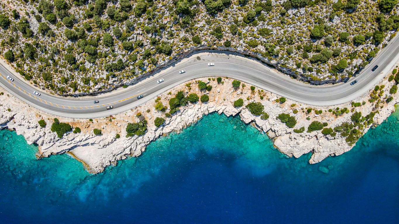 Aerial view of the road with beautiful view by the sea in Antalya Finike. Turkey
