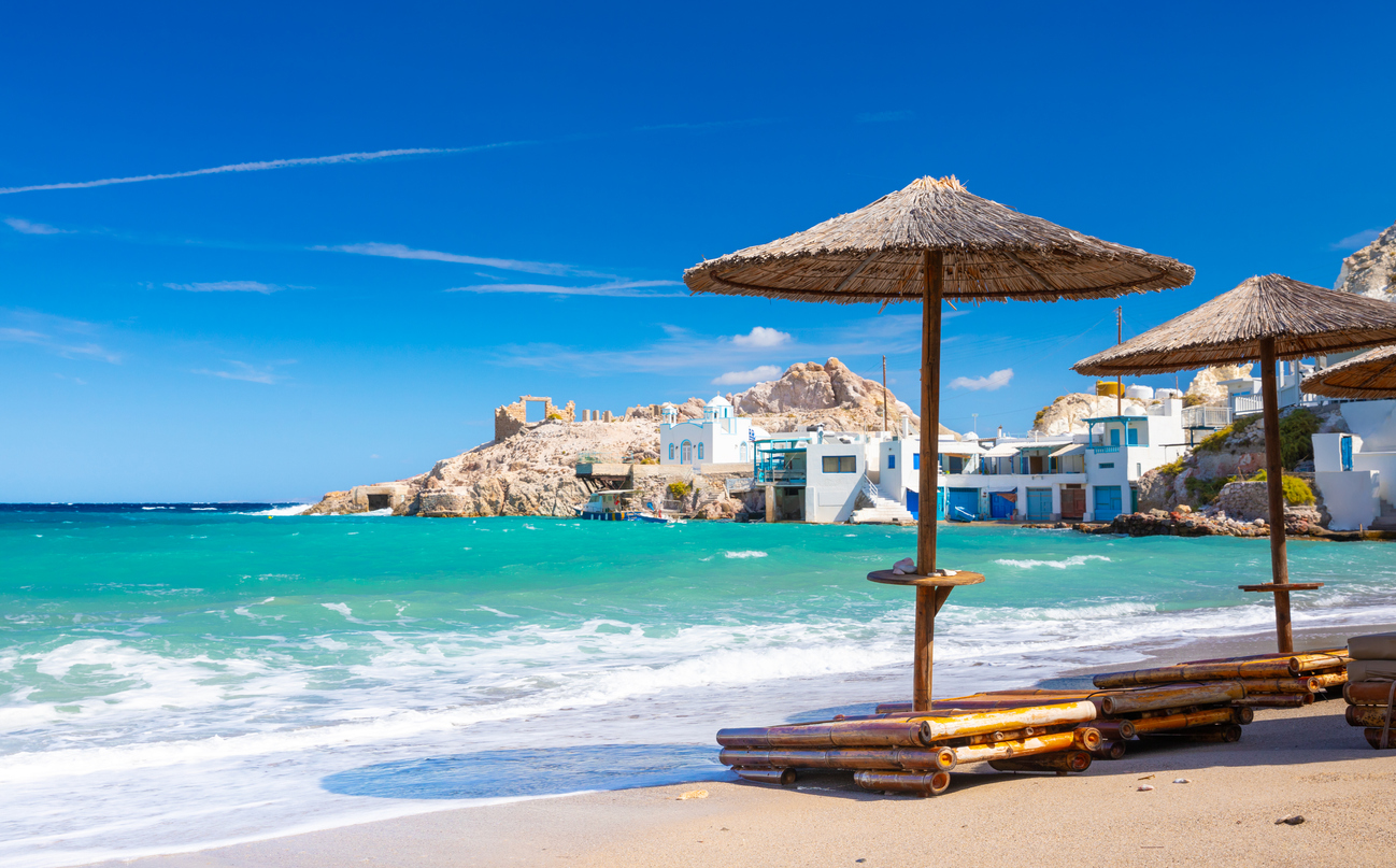 Beach and fishing village of Firapotamos on Milos island, Greece. High quality photo