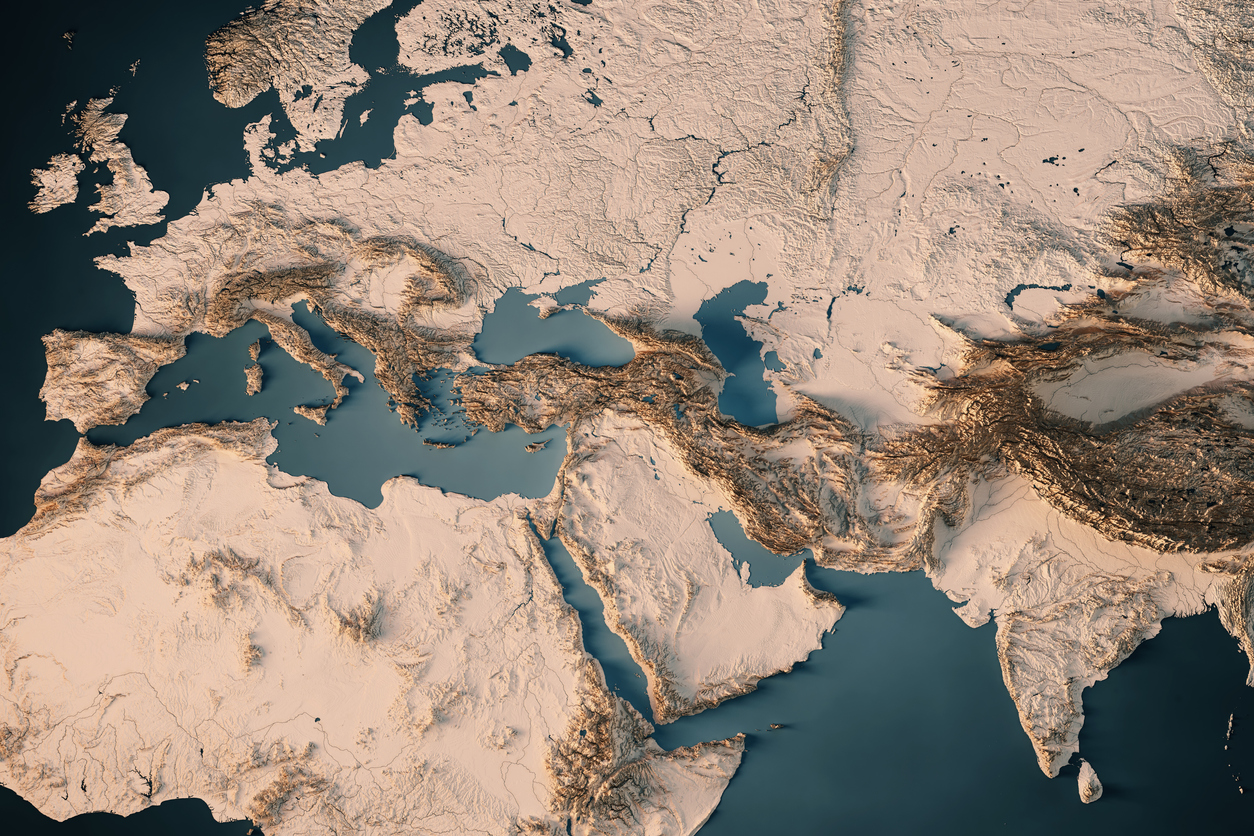 3D Render of a Topographic Map of Europe, India and Middle East. 
All source data is in the public domain.
Color and Water texture: Made with Natural Earth. 
http:
http:
Relief texture: GMTED 2010 data courtesy of USGS. URL of source image: 
https: