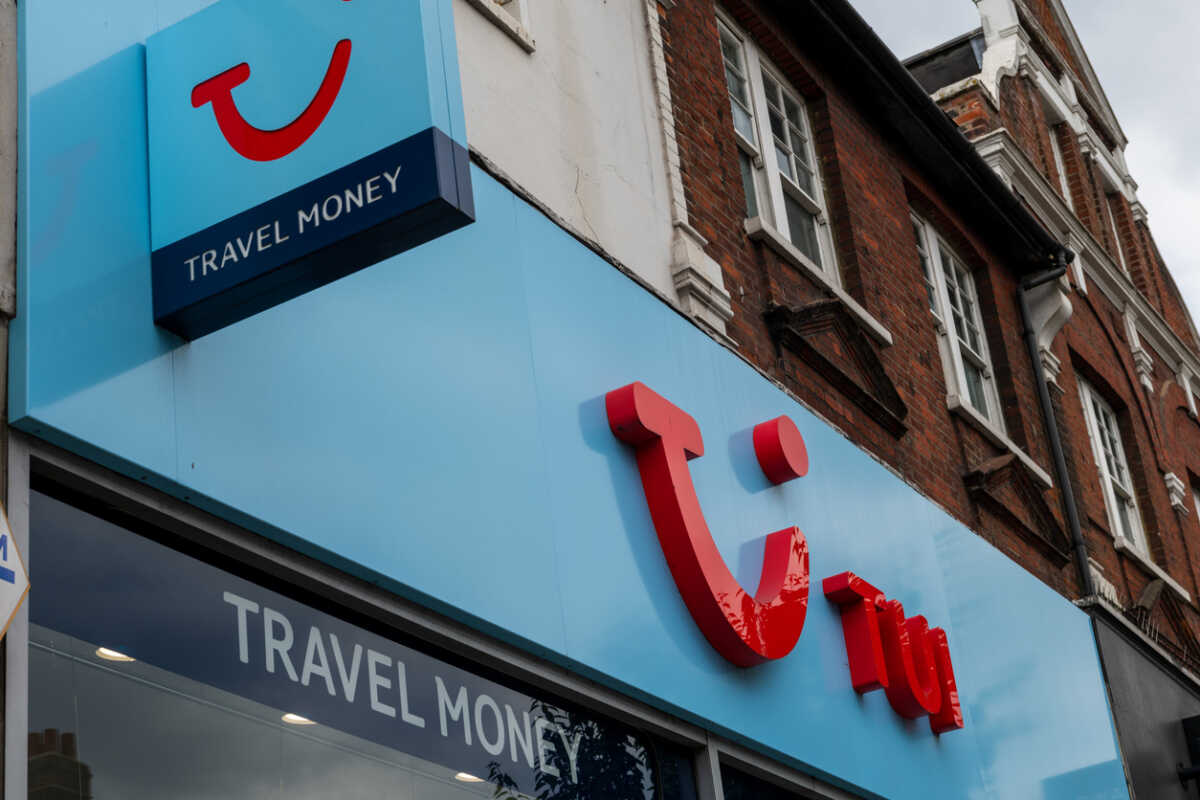 London. UK. 05.27.2020. The name sign and logo of the world's largest holiday and travel company TUI.