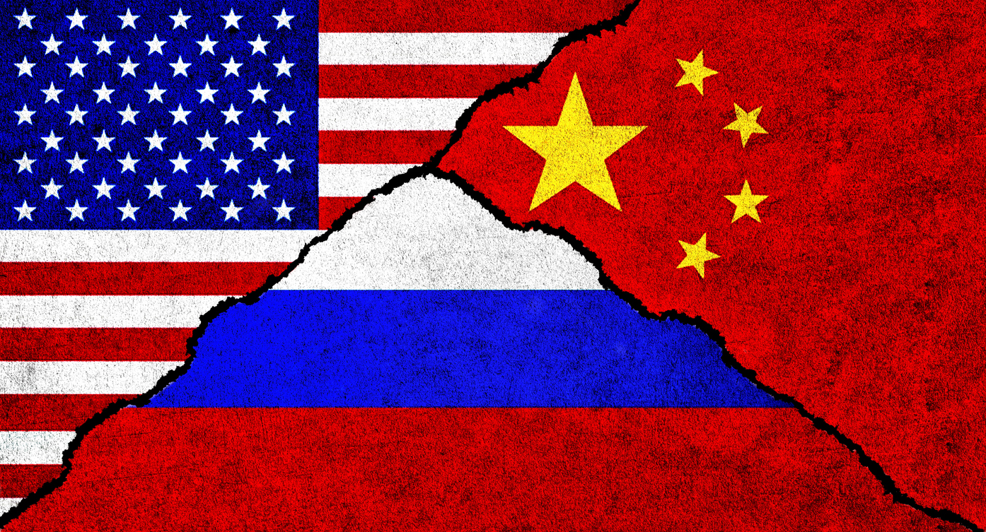 USA, China and Russia flag together on a textured background. Diplomatic Relation between United States of America, Russia and China concept