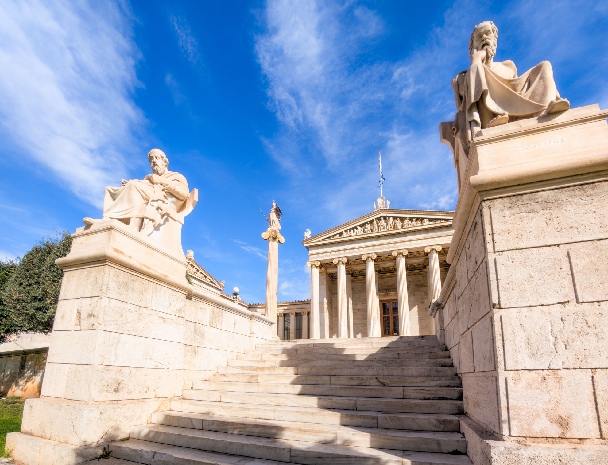 Large statues of the classical Greek philosophers Plato and Socrates at the Academy of Athens in the centre of the Greek Capital.

The statues was completed in 1885 by Leonidas Drosis.