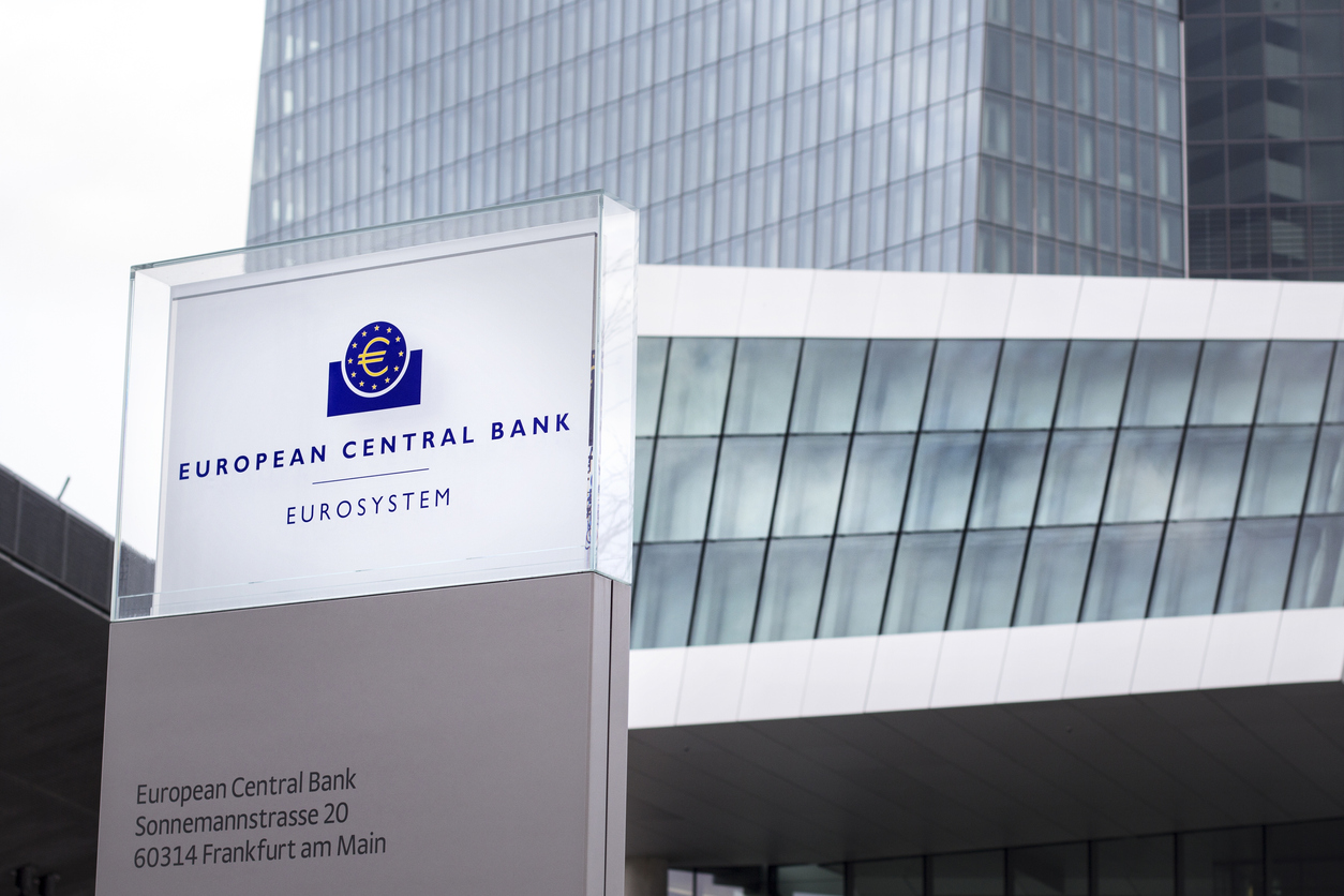 Frankfurt, Germany - November 15, 2015: New building of European Central Bank ECB, EZB headquarters at Eastend Frankfurt, Germany. Entrance and logo in front of the building.