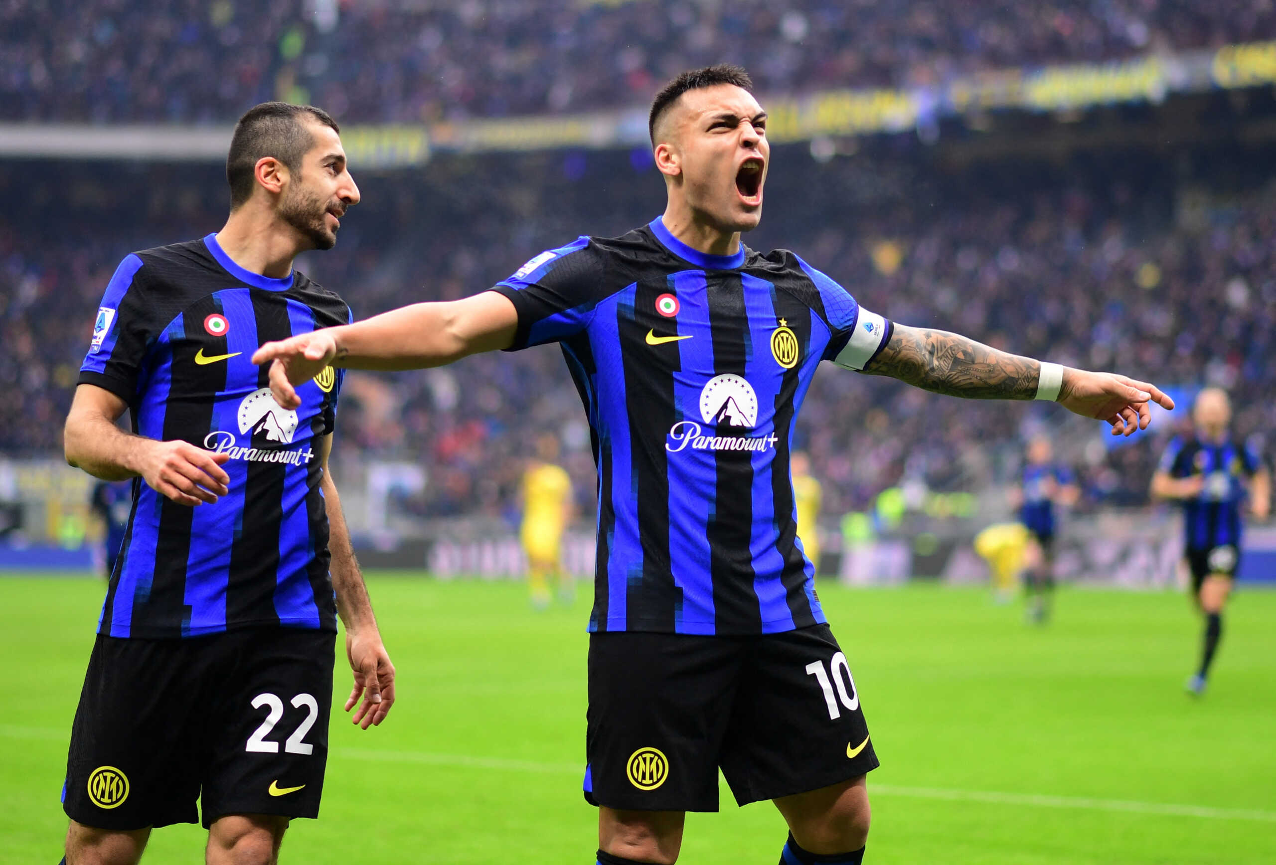 Soccer Football - Serie A - Inter Milan v Hellas Verona - San Siro, Milan, Italy - January 6, 2024 Inter Milan's Lautaro Martinez celebrates scoring their first goal with Henrikh Mkhitaryan REUTERS