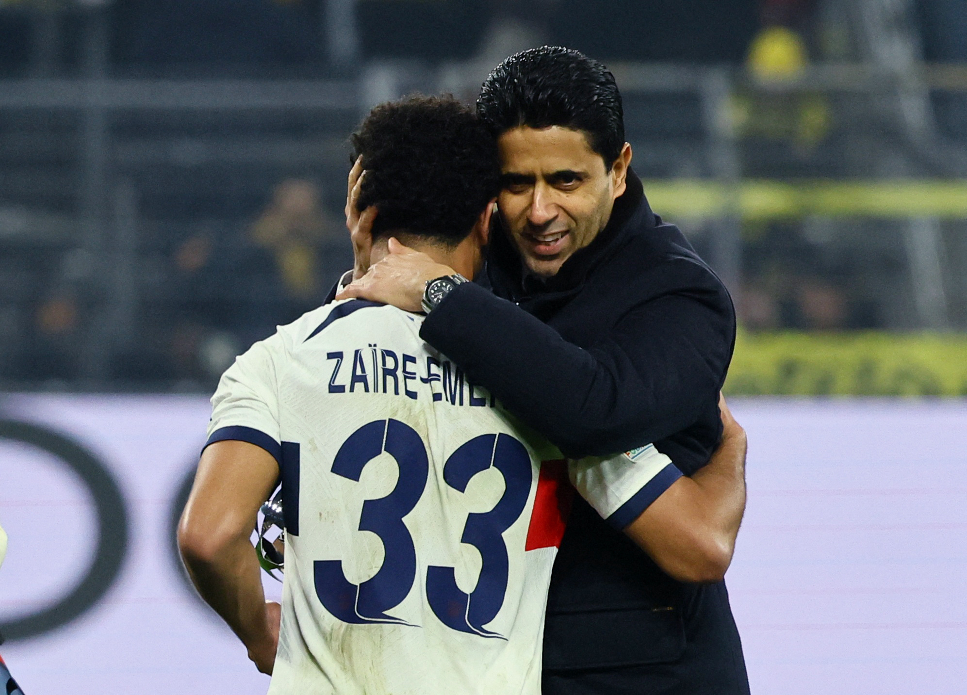 Soccer Football - Champions League - Group F - Borussia Dortmund v Paris St Germain - Signal Iduna Park, Dortmund, Germany - December 13, 2023 Paris St Germain's Warren Zaire-Emery with Paris St Germain president Nasser Al-Khelaifi after the match REUTERS
