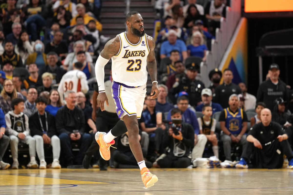 Jan 27, 2024; San Francisco, California, USA; Los Angeles Lakers forward LeBron James (23) reacts during the third quarter against the Golden State Warriors at Chase Center. Mandatory Credit: Darren Yamashita-USA TODAY Sports