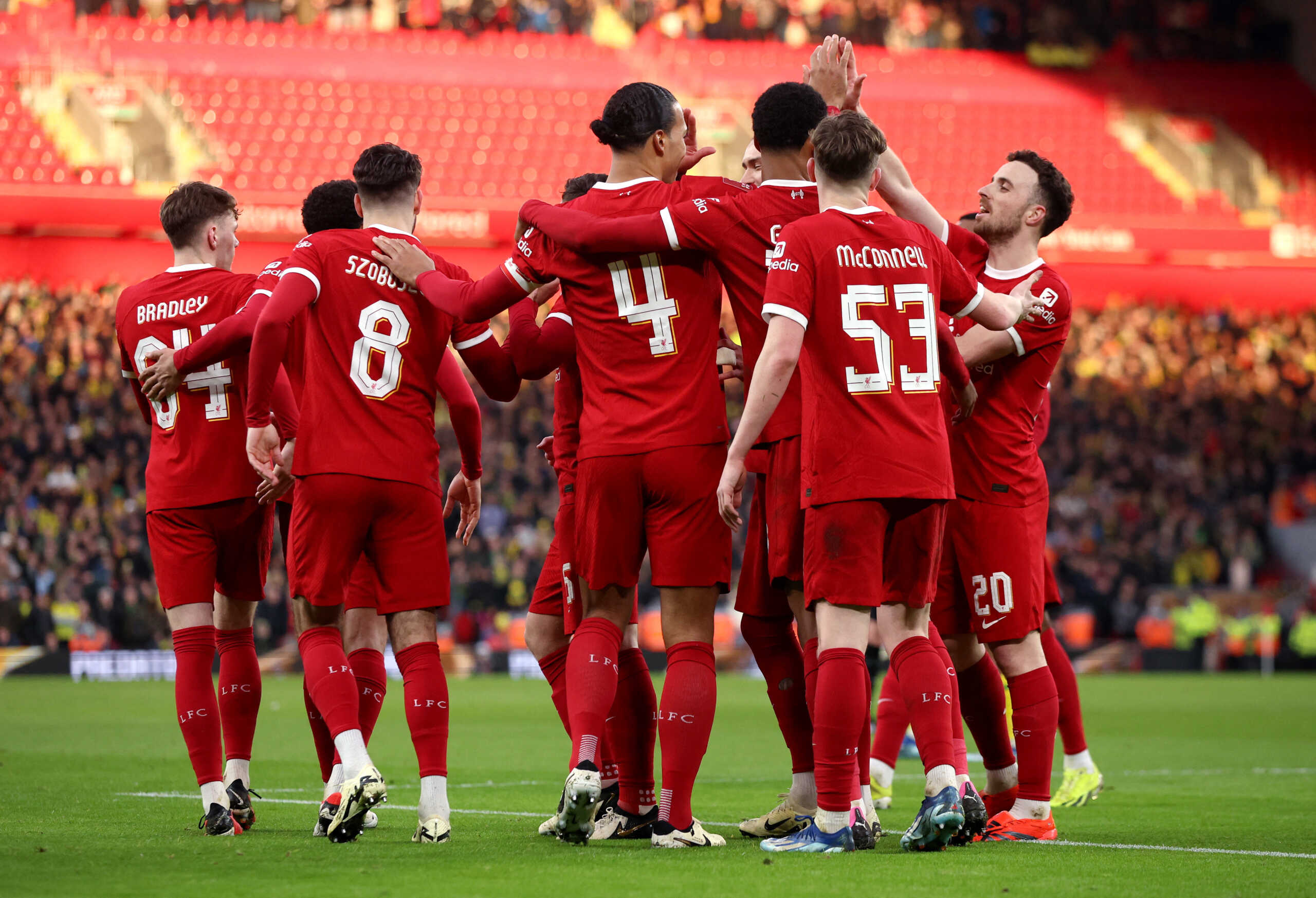 Soccer Football -  FA Cup - Fourth Round - Liverpool v Norwich City - Anfield, Liverpool, Britain - January 28, 2024 Liverpool's Virgil van Dijk celebrates scoring their fourth goal with teammates REUTERS
