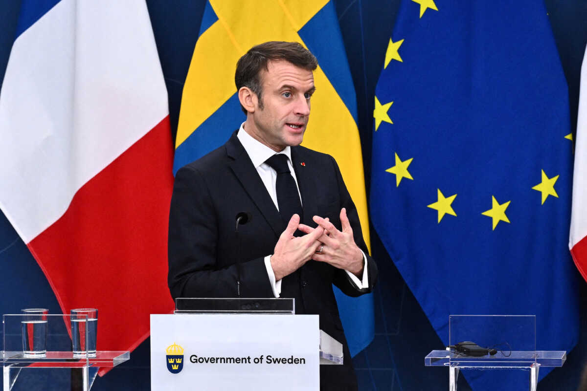 French President Emmanuel Macron holds a press conference with Swedish Prime Minister Ulf Kristersson after deliberations at Rosenbad, in Stockholm, Sweden, on January 30, 2024. Claudio Bresciani
