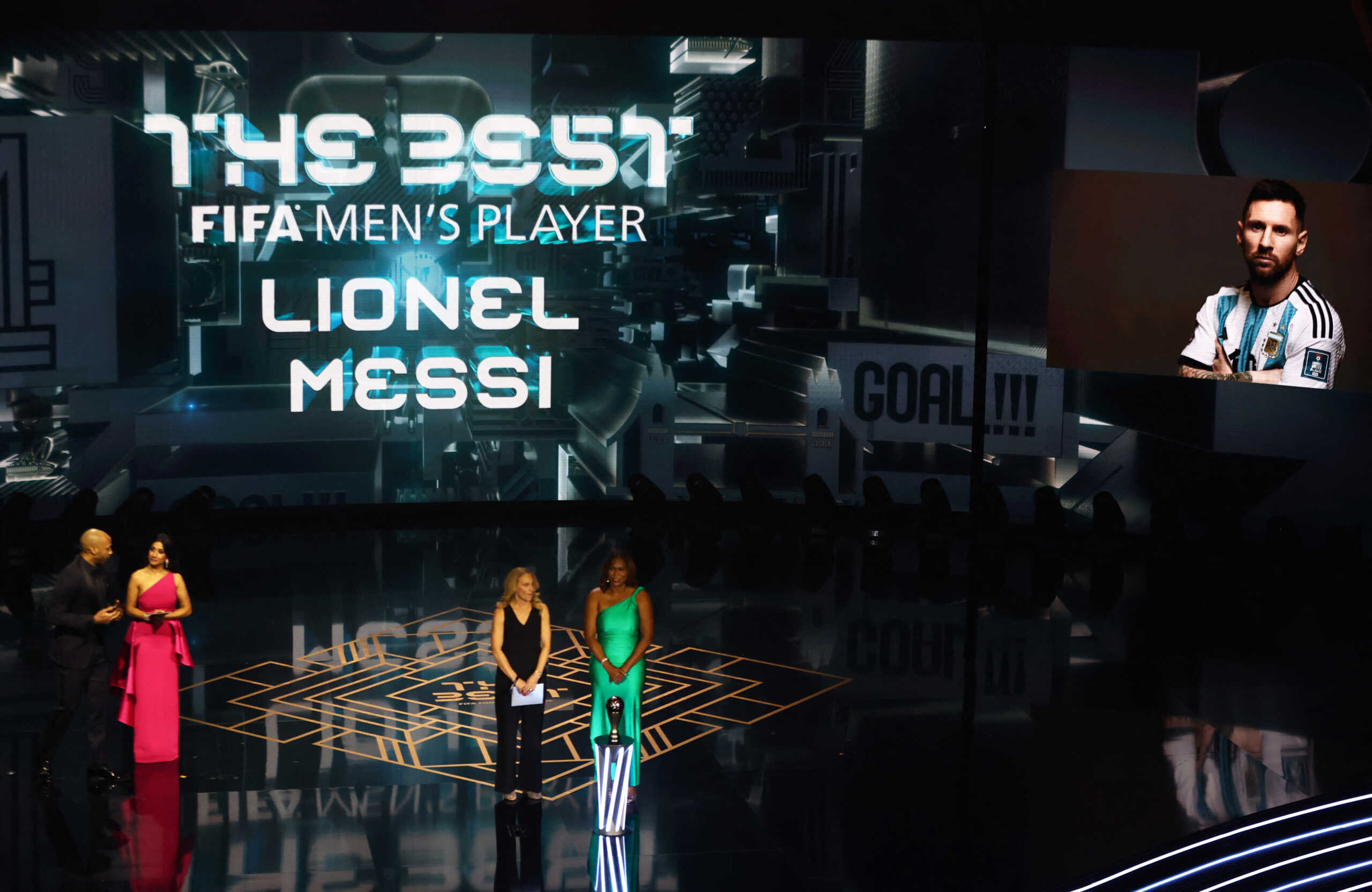 Soccer Football - The Best FIFA Football Awards - Eventim Apollo, London, Britain - January 15, 2024  An image of Inter Miami's Lionel Messi is displayed after he was named best men's player of 2023 during the awards ceremony by former footballer Kristine Lilly and FIFA council member Sonia Fulford REUTERS