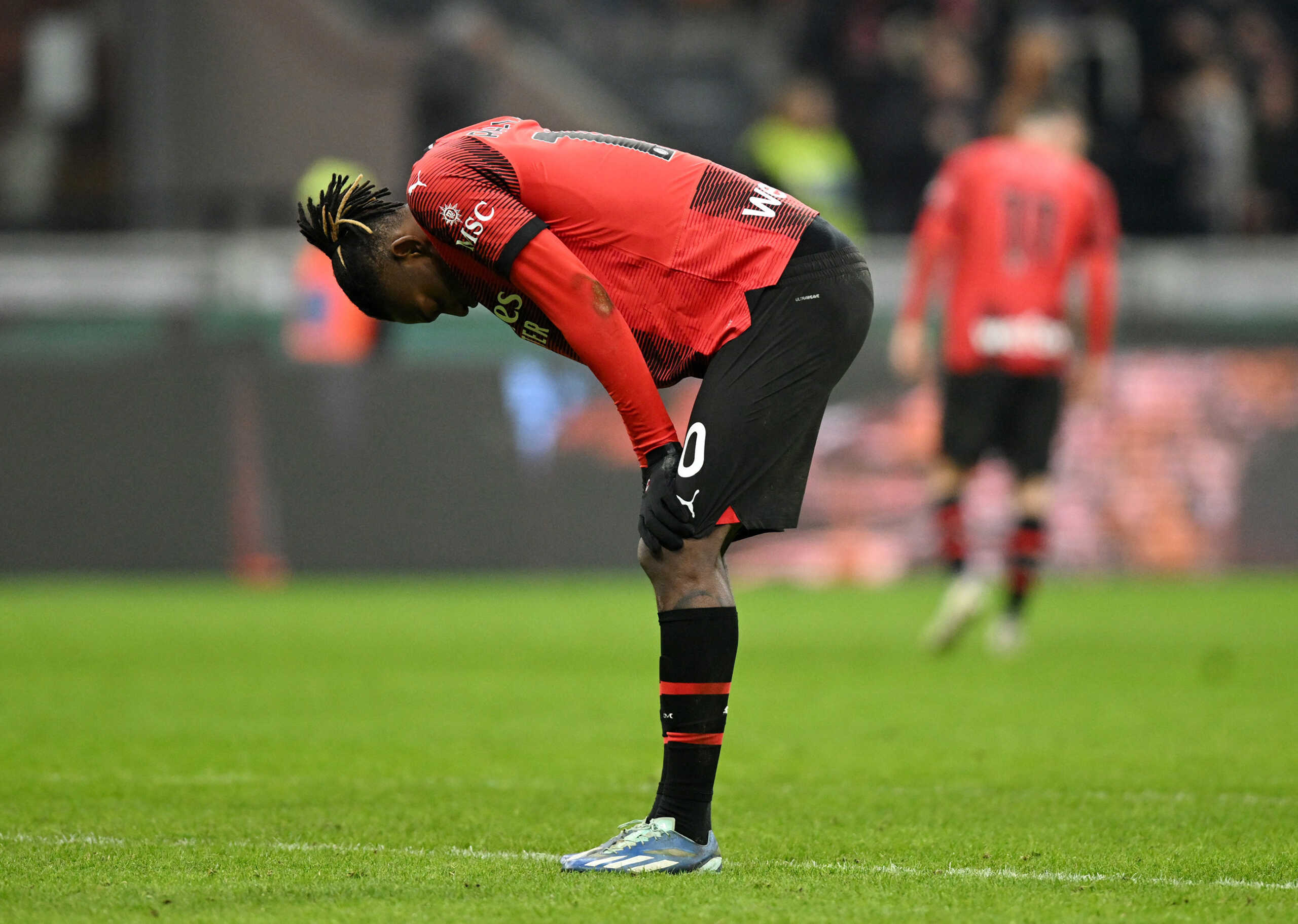 Soccer Football - Coppa Italia - Quarter Final - AC Milan v Atalanta - San Siro, Milan, Italy - January 10, 2024 AC Milan's Rafael Leao reacts REUTERS
