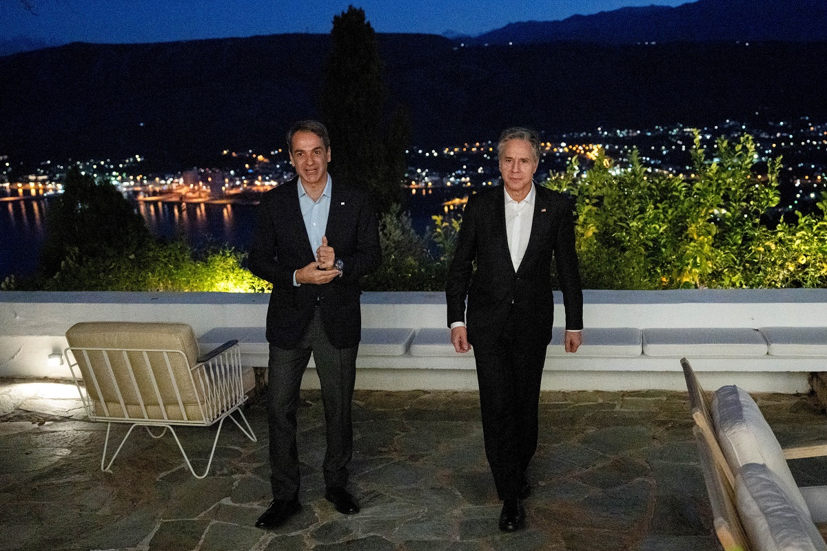 U.S. Secretary of State Antony Blinken meets with Greek Prime Minister Kyriakos Mitsotakis, during his week-long trip aimed at calming tensions across the Middle East, in Crete, Greece, January 6, 2024. REUTERS