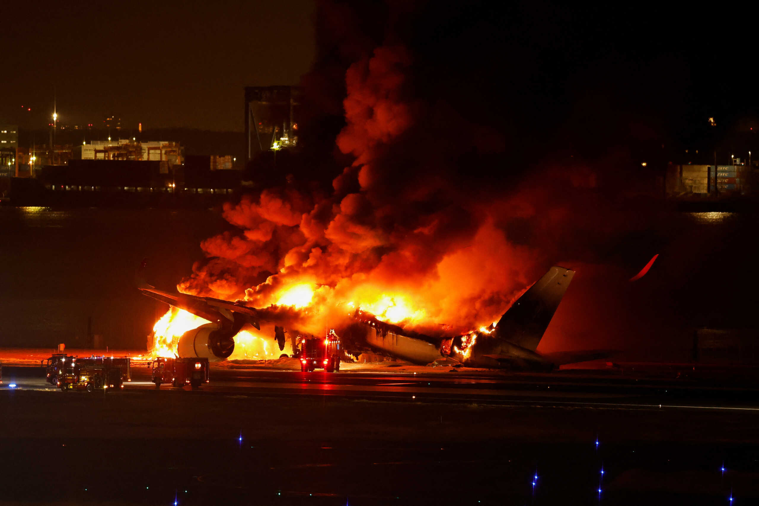 Japan Airlines' A350 airplane is on fire at Haneda international airport in Tokyo, Japan January 2, 2024. REUTERS