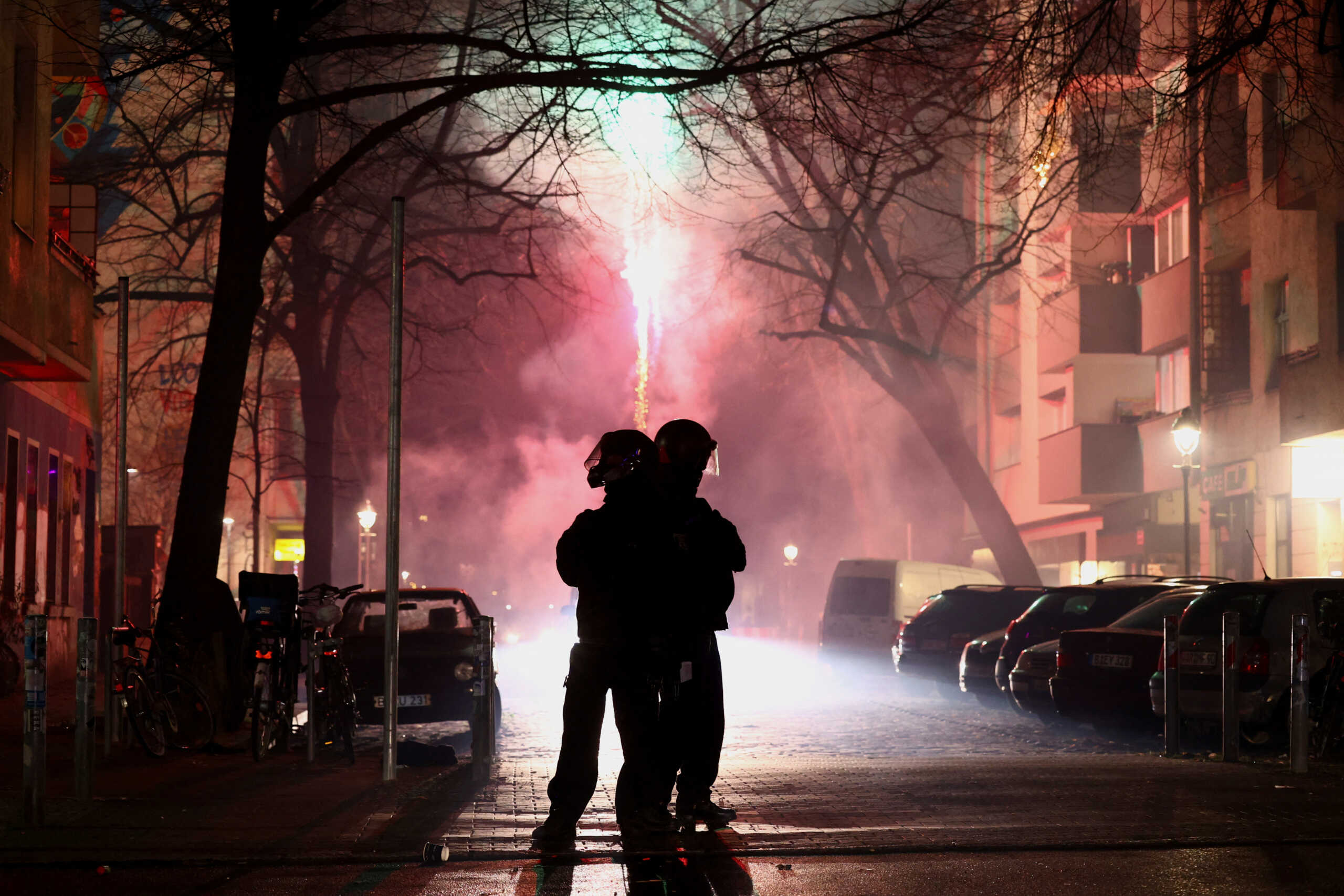 Police members stand guard during New Year's celebrations in Berlin, Germany, on December 31, 2023. REUTERS