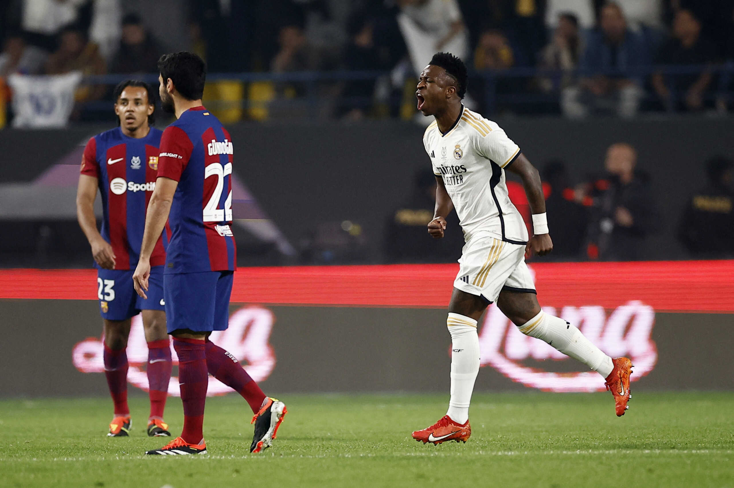 Soccer Football - Spanish Super Cup - Final - Real Madrid v FC Barcelona - Al-Awwal Stadium, Riyadh, Saudi Arabia - January 14, 2024  Real Madrid's Vinicius Junior celebrates scoring their first goal REUTERS