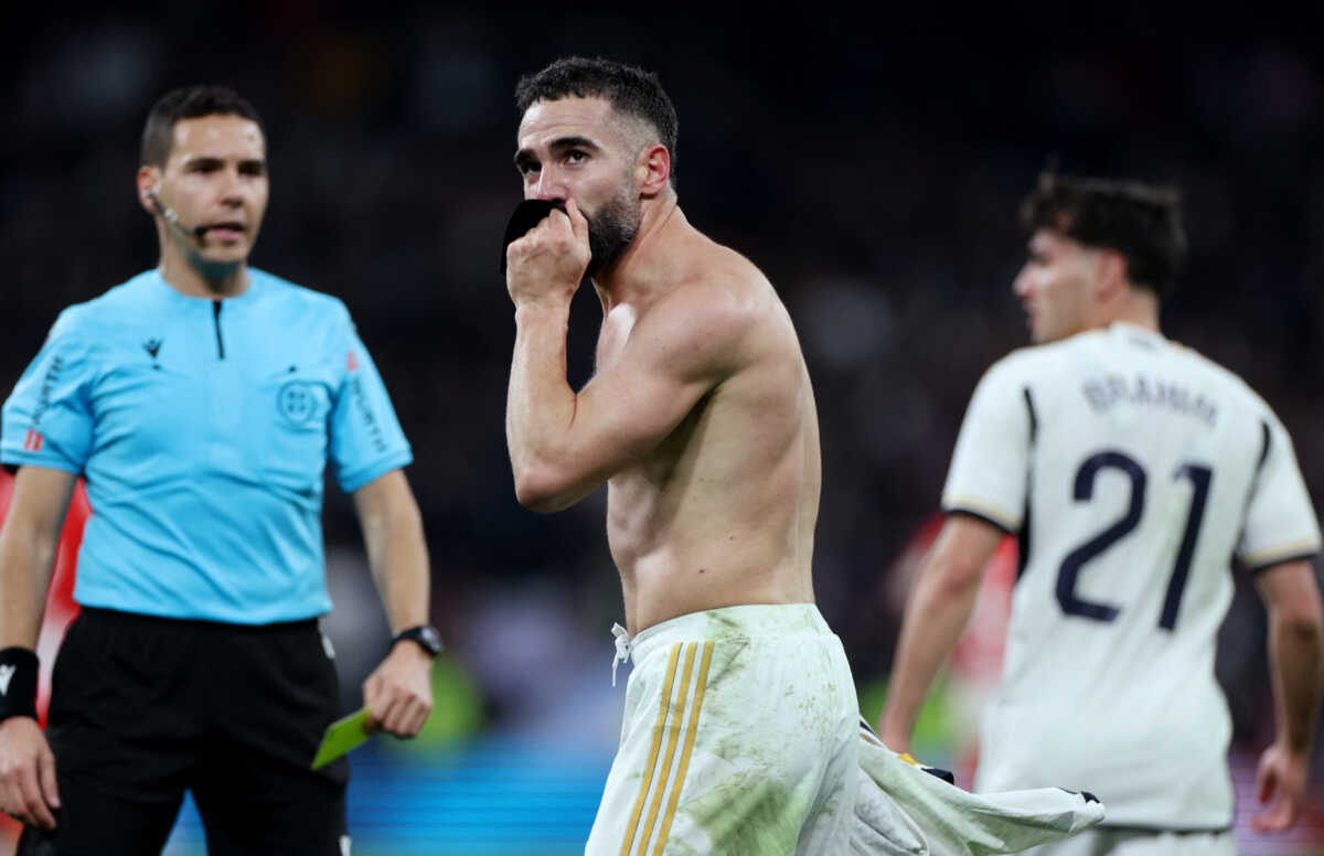 Soccer Football - LaLiga - Real Madrid v Almeria - Santiago Bernabeu, Madrid, Spain - January 21, 2024 Real Madrid's Dani Carvajal celebrates scoring their third goal REUTERS