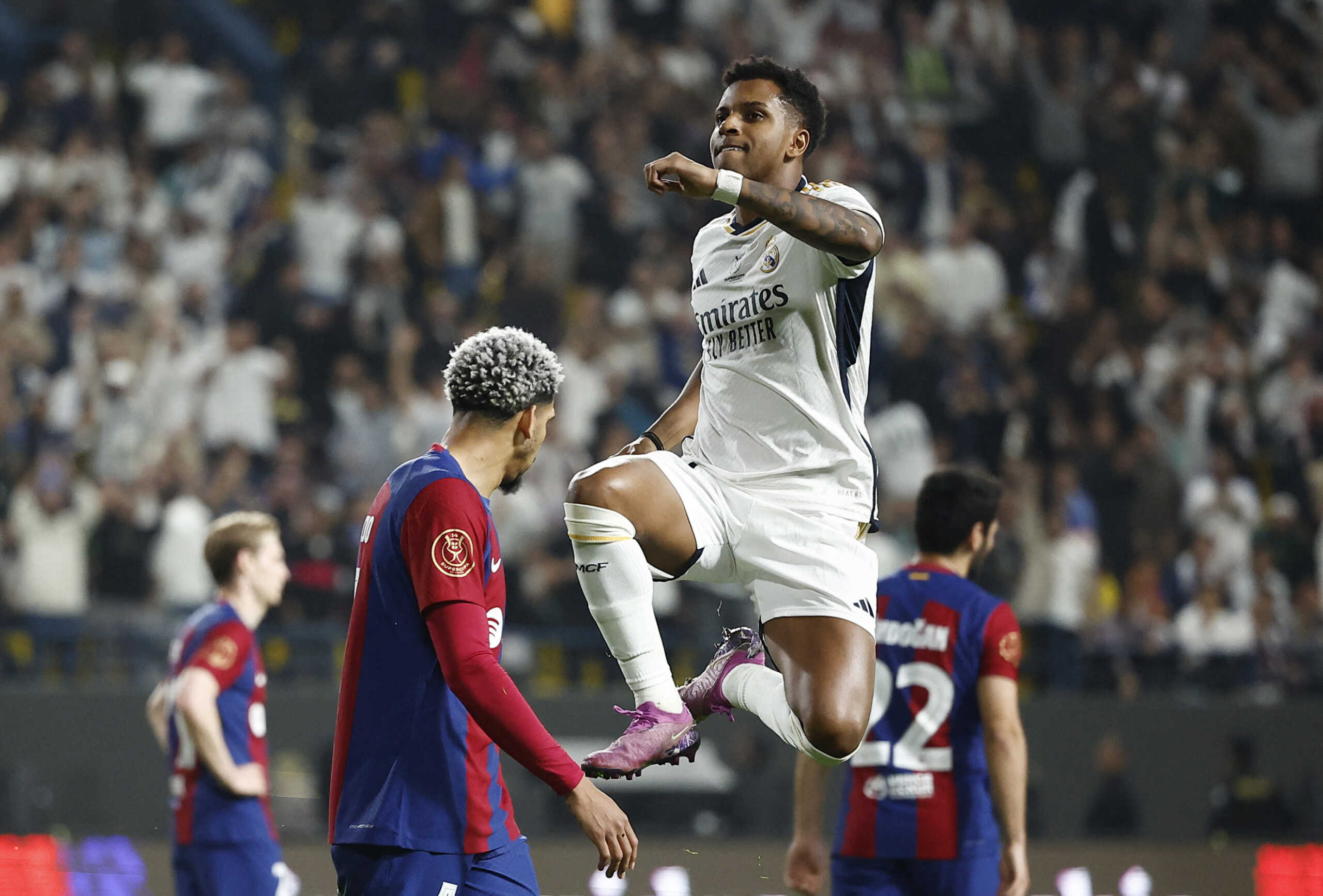 Soccer Football - Spanish Super Cup - Final - Real Madrid v FC Barcelona - Al-Awwal Stadium, Riyadh, Saudi Arabia - January 14, 2024  Real Madrid's Rodrygo celebrates scoring their fourth goal REUTERS