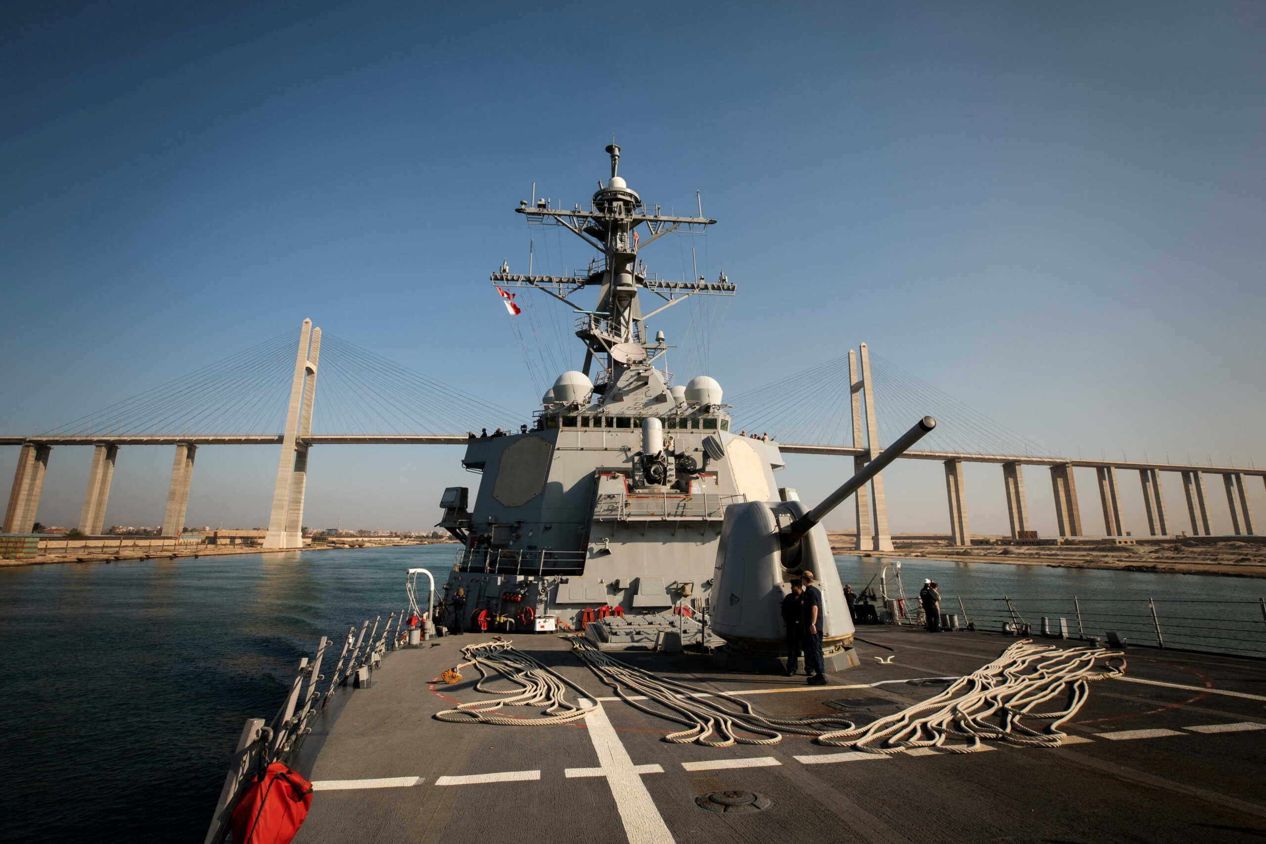 The U.S. Navy Arleigh Burke-class guided-missile destroyer USS Carney transits the Suez Canal, Egypt October 18, 2023.  U.S. Navy